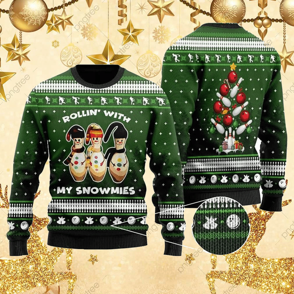 Snowman Bowling With Sayings Rollin With My Snowmies Ugly Christmas Sweater | For Men & Women | Adult | US1525- Best Christmas Gifts 2023