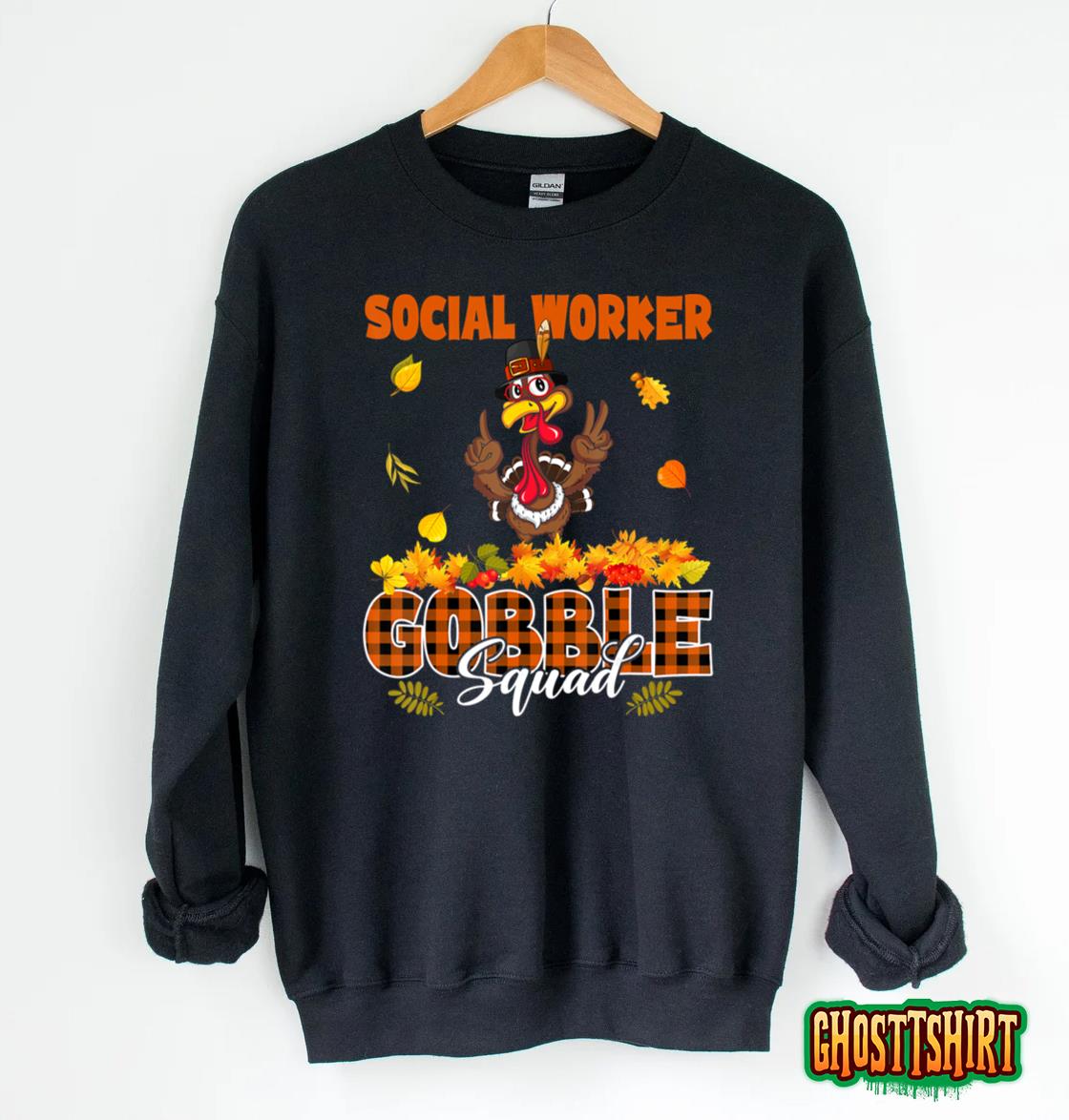 Social Worker Gobble Squad Thanksgiving Orange Plaid Turkey Sweatshirt