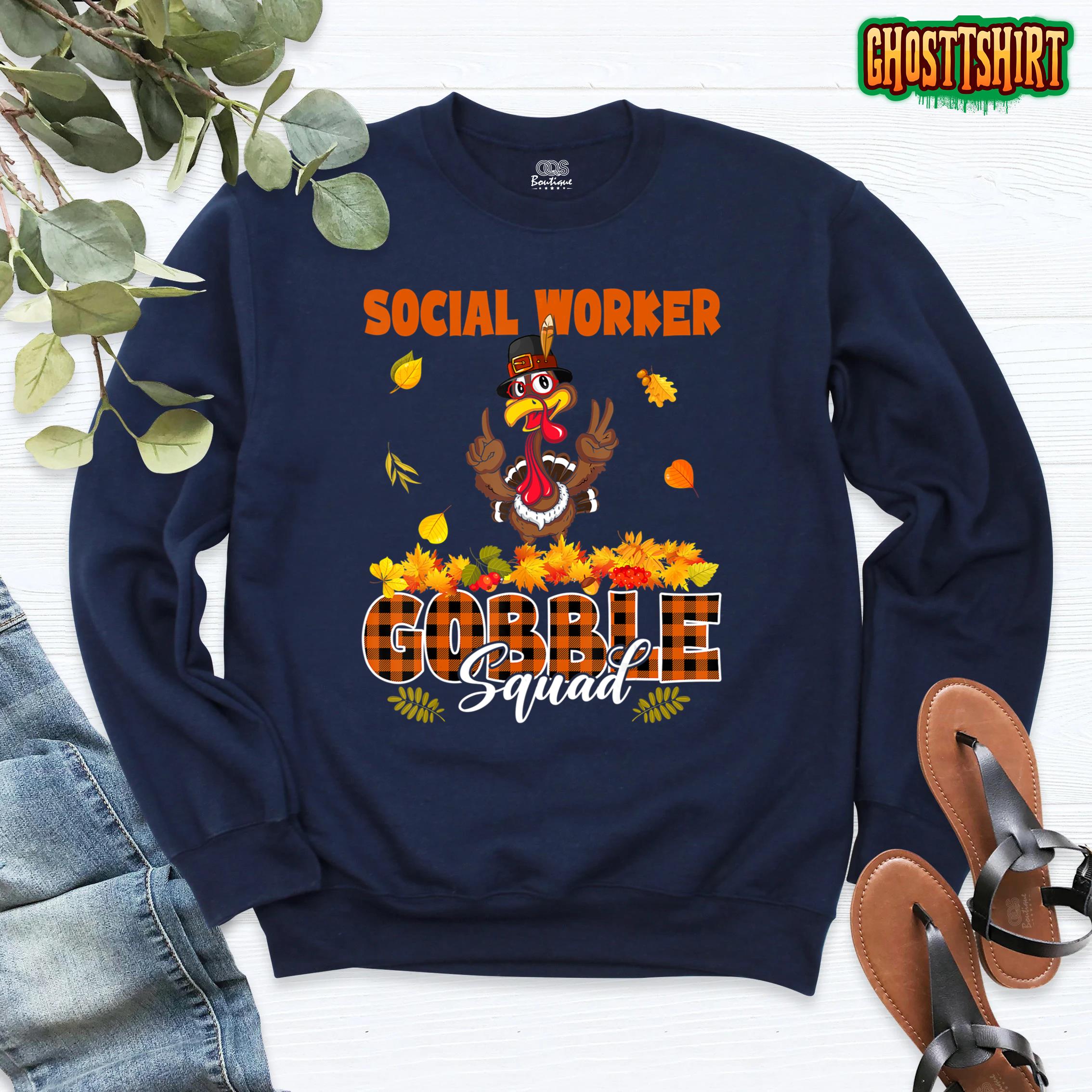 Social Worker Gobble Squad Thanksgiving Orange Plaid Turkey Sweatshirt