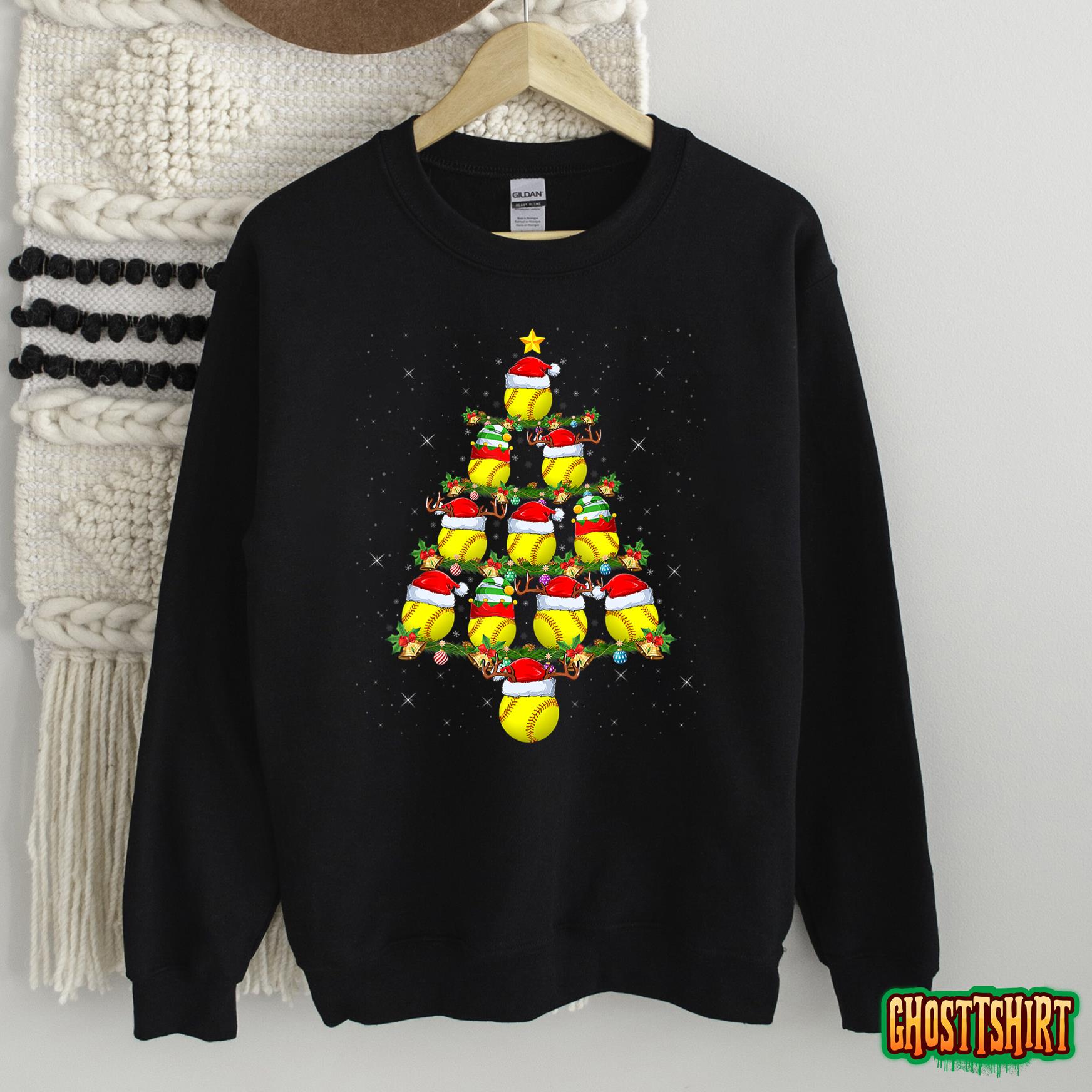 Softball Lover Xmas Tree Lights Santa Softball Christmas Sweatshirt