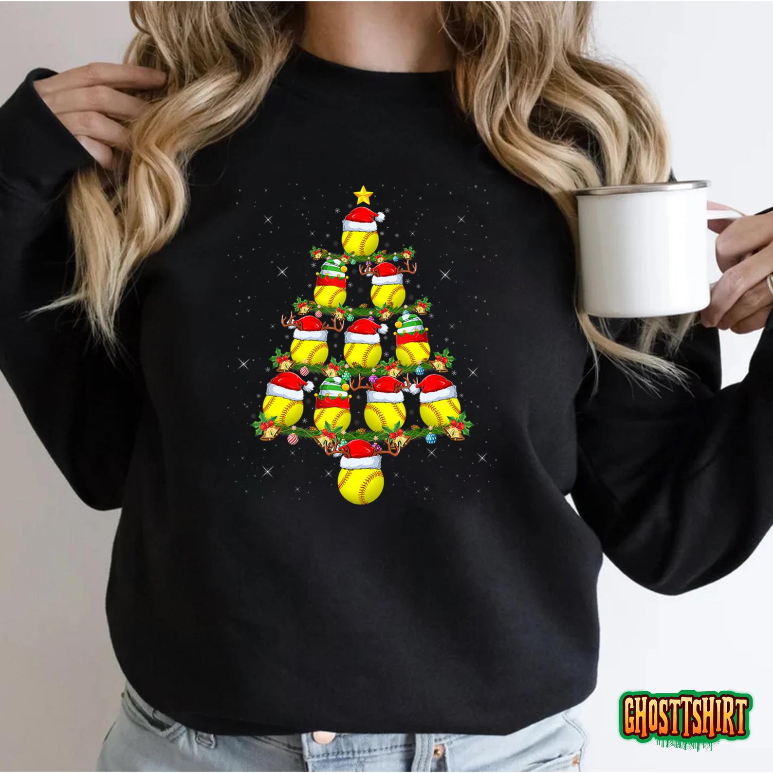 Softball Lover Xmas Tree Lights Santa Softball Christmas Sweatshirt