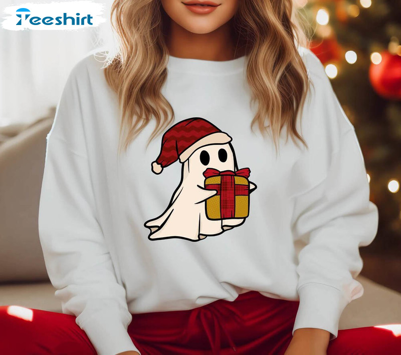 Spooky Christmas Shirt, Friendly Ghost Short Sleeve Sweatshirt