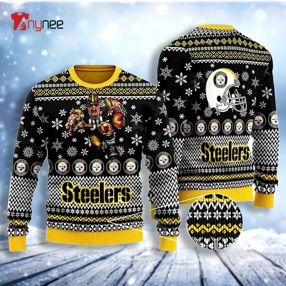 Sports Football Team Pittsteelers With Player Wearing Helmet Holding Ball Ugly Christmas Sweater- Best Christmas Gifts 2023