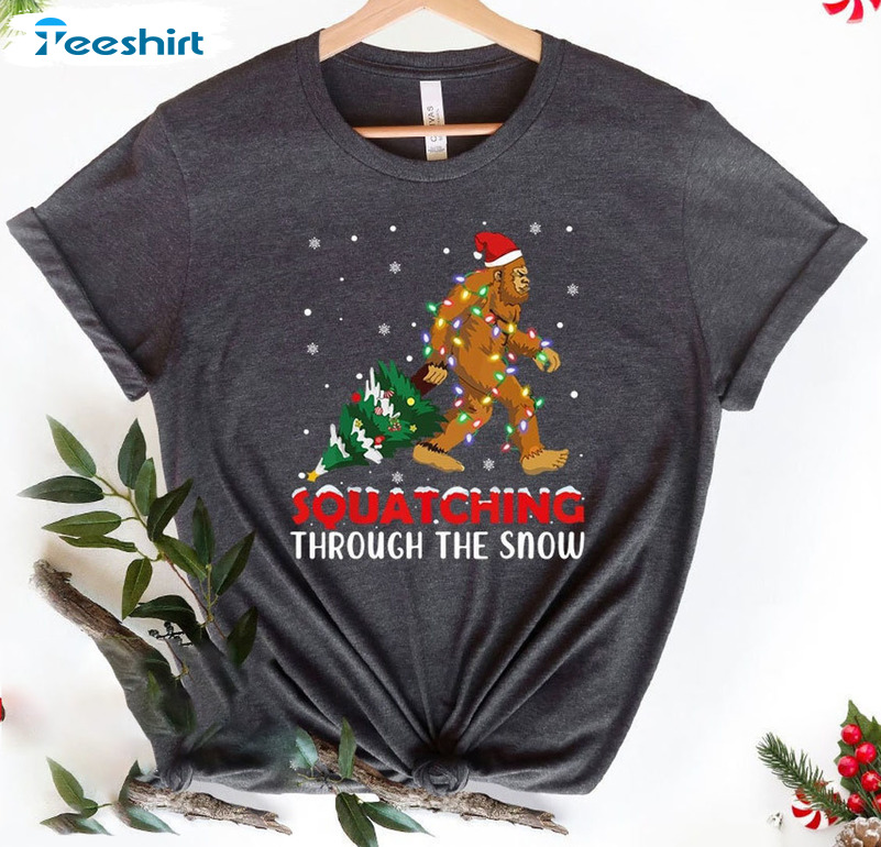 Squatching Through The Snow Shirt, Santa Bigfoot Christmas Crewneck Unisex Hoodie