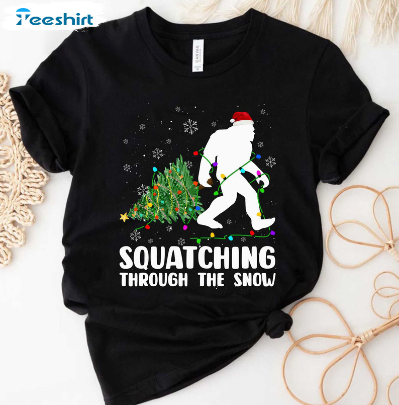 Squatching Through The Snow Sweatshirt, Bigfoot Christmas Short Sleeve Crewneck