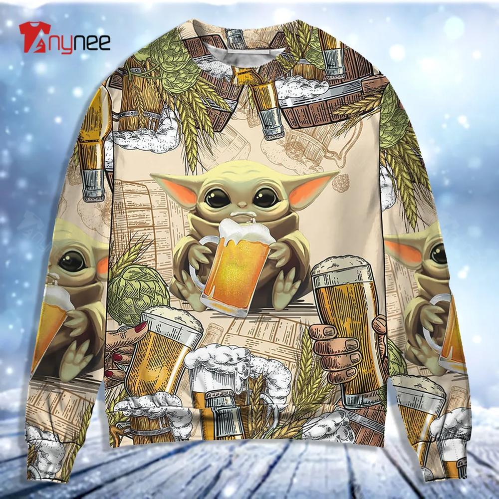 Star Wars Baby Yoda And Beer Wheat Ugly Christmas Sweater- Best Christmas Gifts 2023