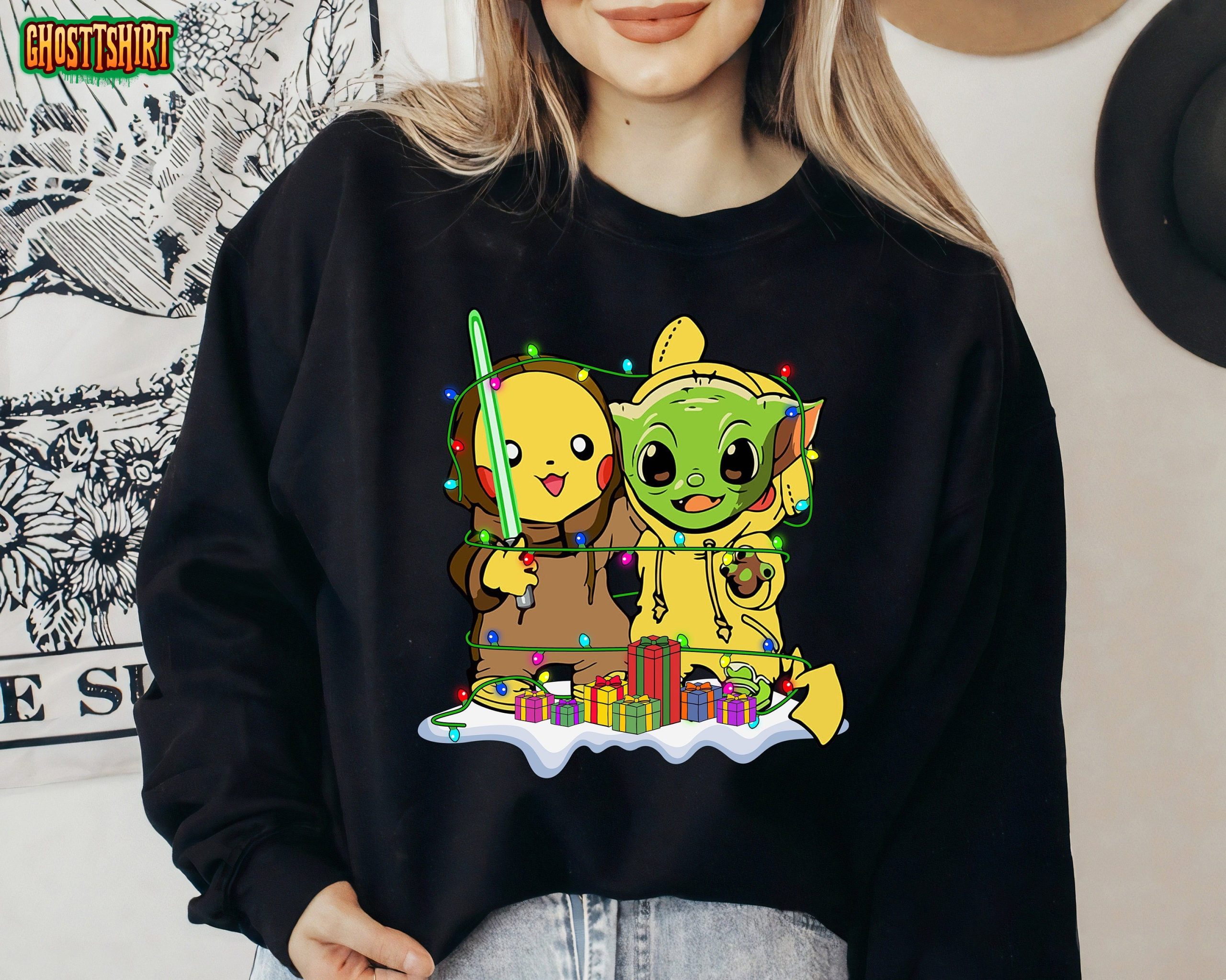 Star Wars Baby Yoda Friends Christmas Lights Matching Costume Sweatshirt