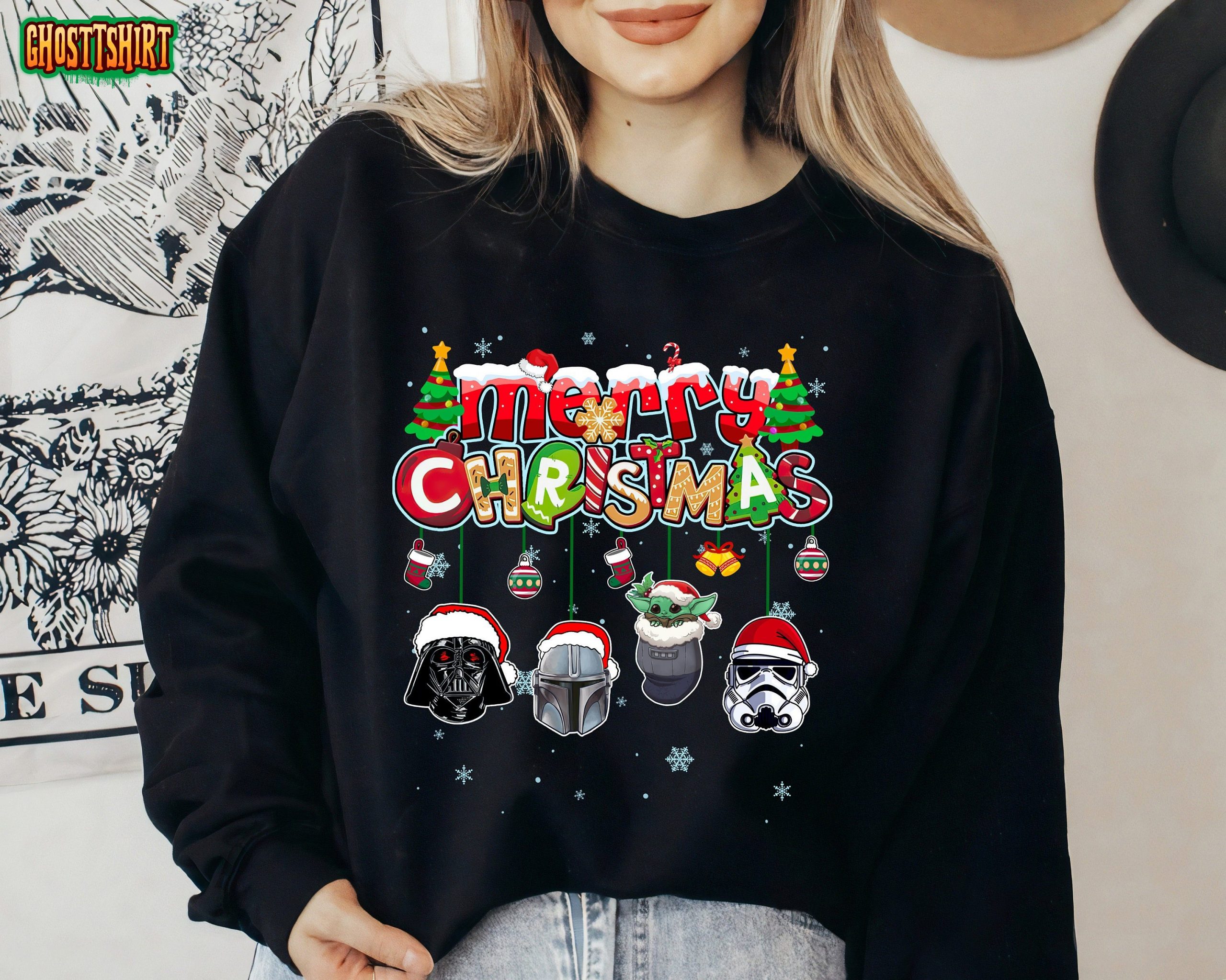 Star Wars Christmas Merry Christmas Darth Vader Stormtrooper Baby Yoda Sweatshirt