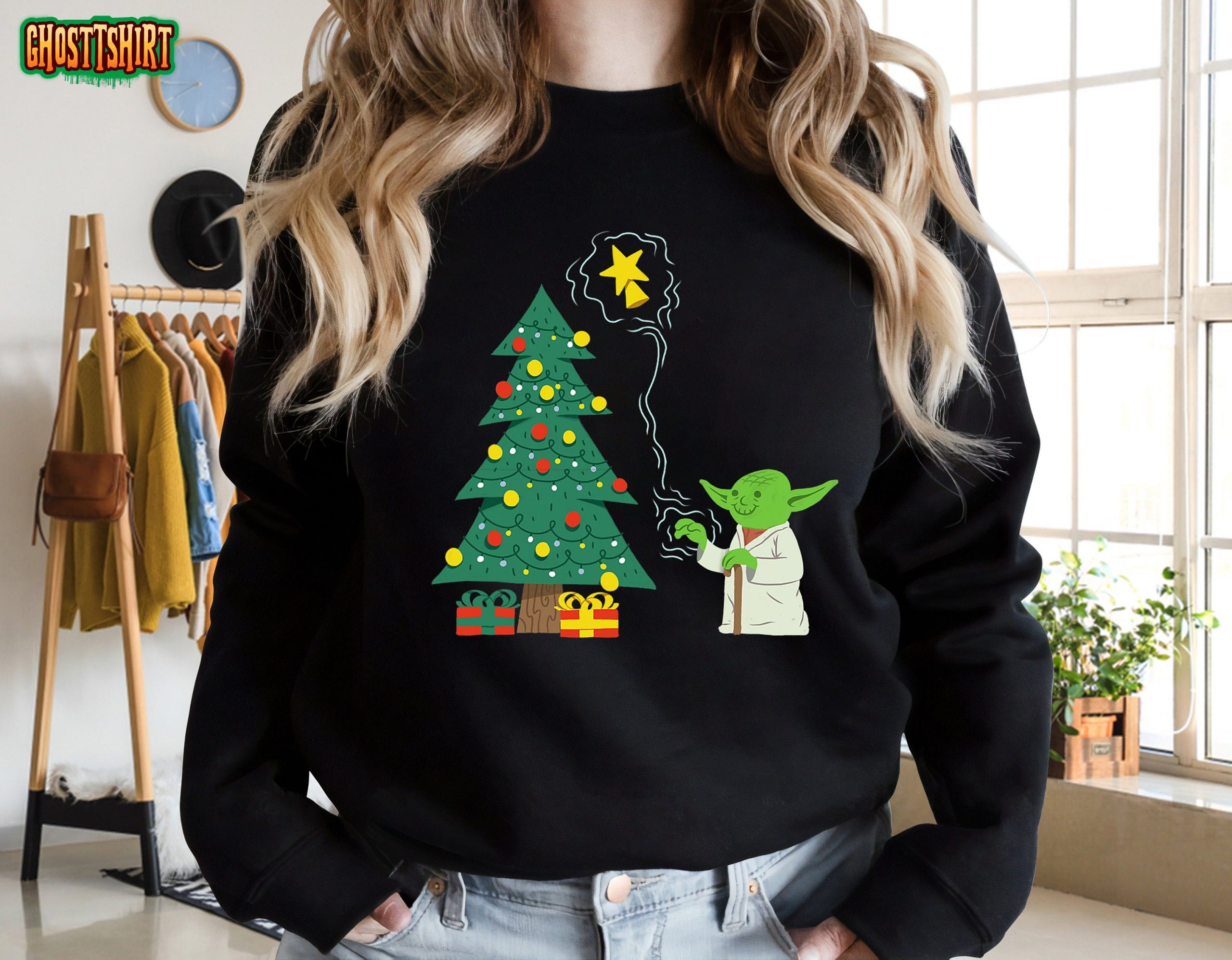 Star Wars Holiday Yoda Decorates Christmas Tree Sweatshirt