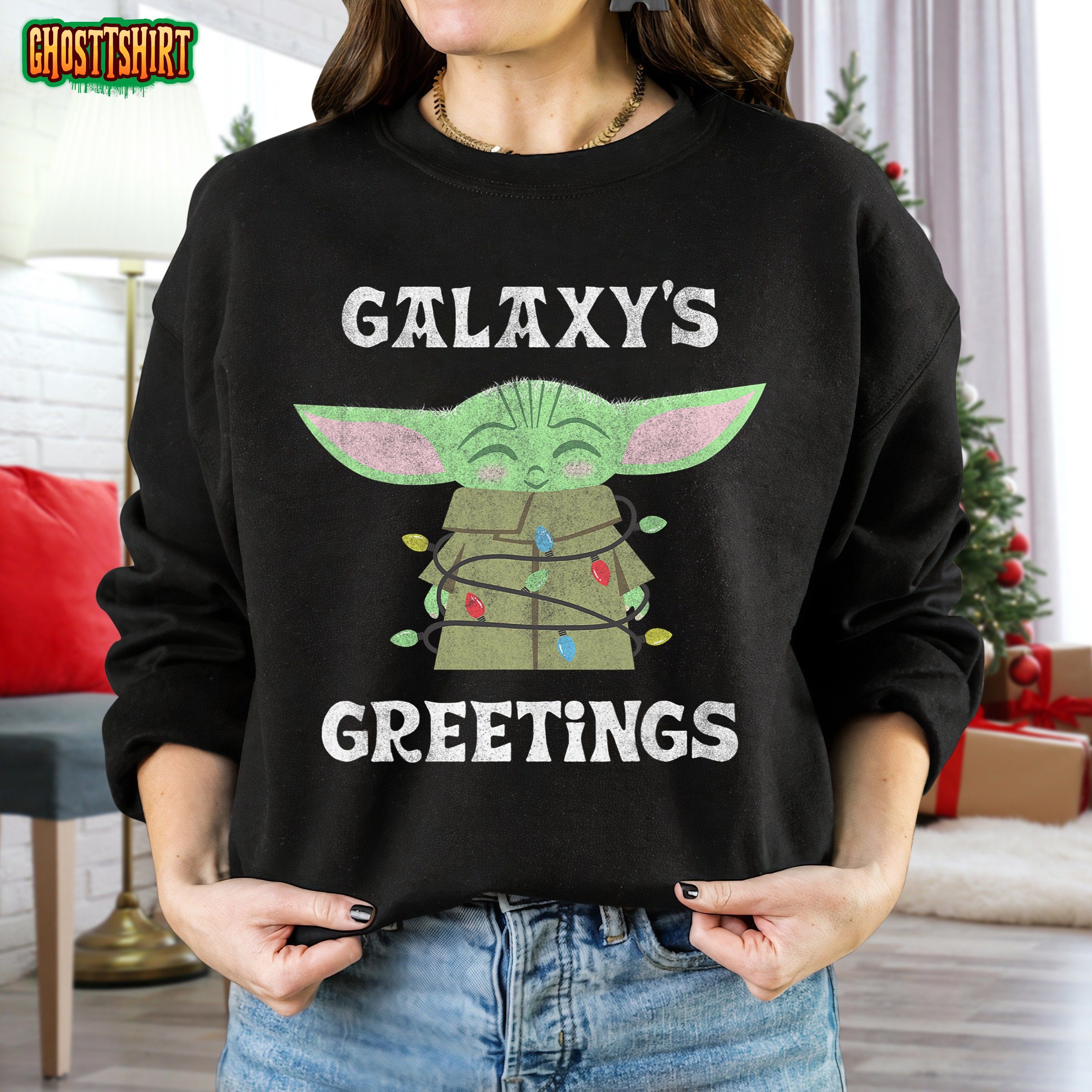 Star Wars The Mandalorian Christmas Child Baby Yoda Galaxy’s Greetings Sweatshirt