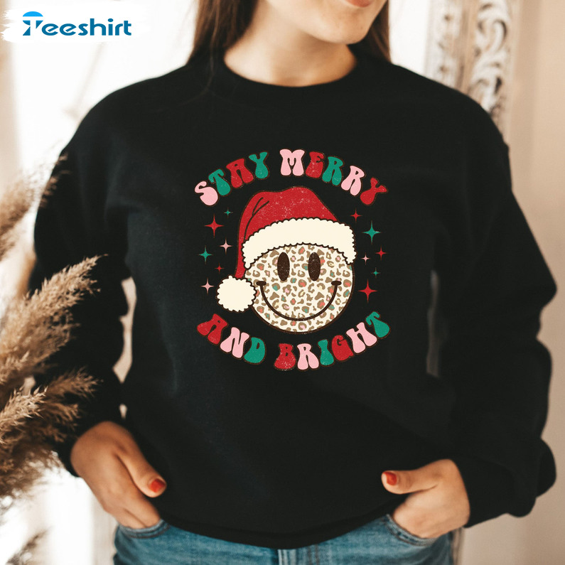 Stay Merry And Bright Shirt, Christmas Smile Face Unisex T-shirt Crewneck