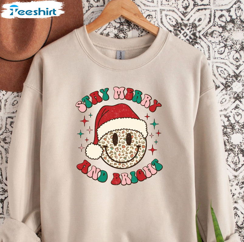 Stay Merry And Bright Shirt, Christmas Smile Face Unisex T-shirt Crewneck