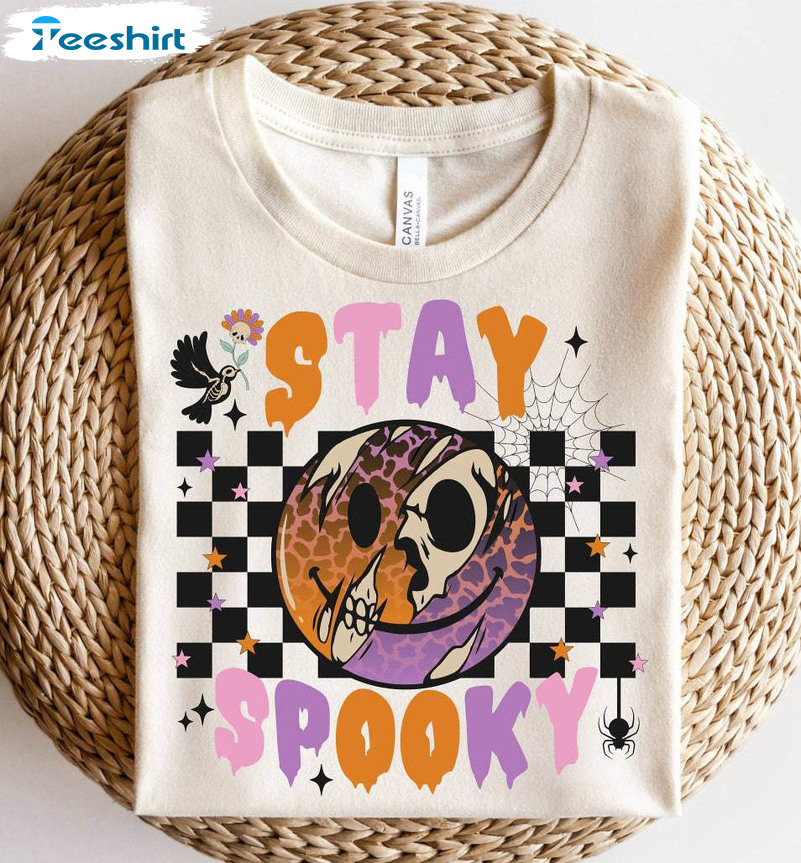 Stay Spooky Retro Shirt, Halloween Smile Face Short Sleeve Unisex Hoodie