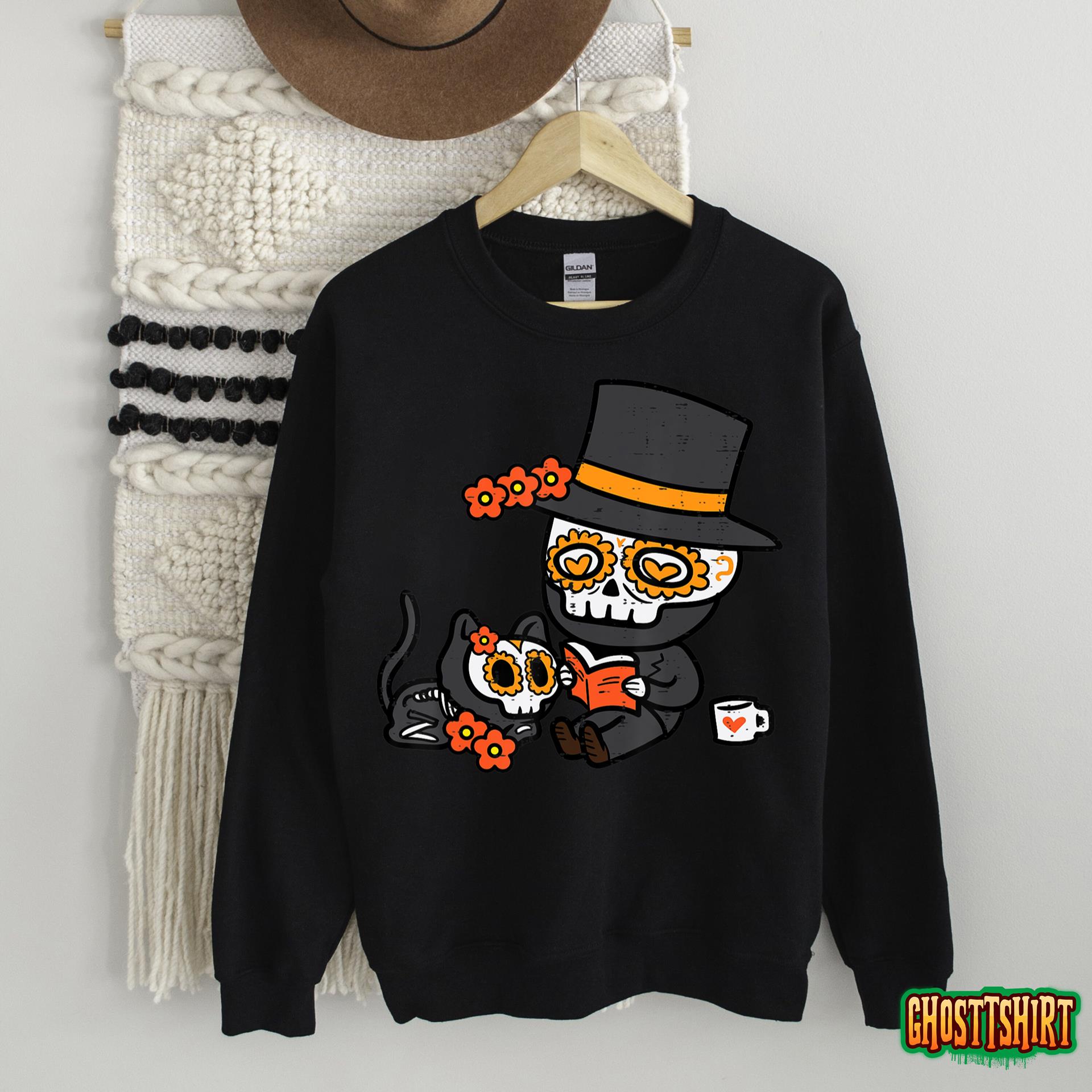 Sugar Skull Man Boy Black Cat Book Retro Vintage Halloween T-Shirt