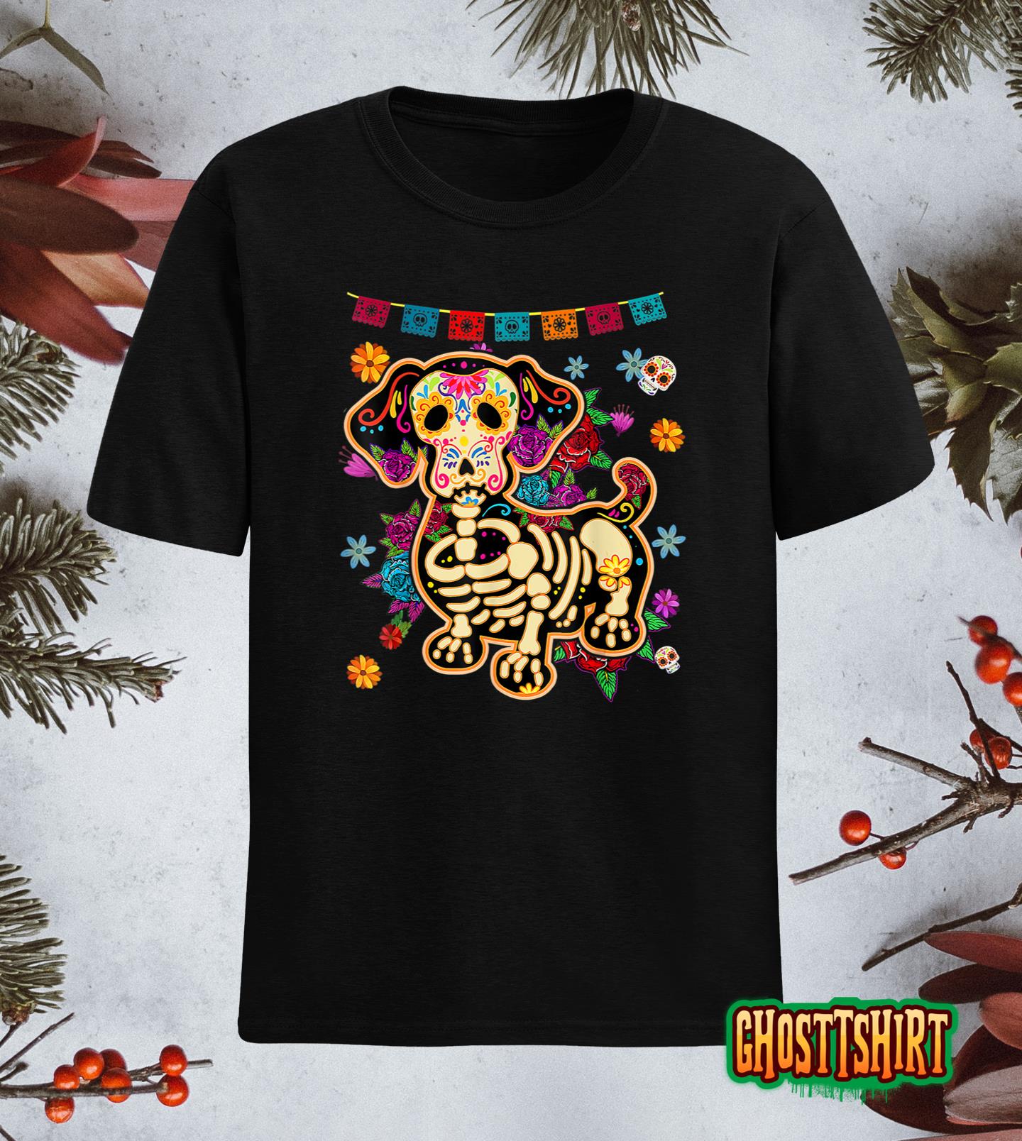 Sugar Skull Mexican Dachshund Bone Halloween Day Of Dead T-Shirt