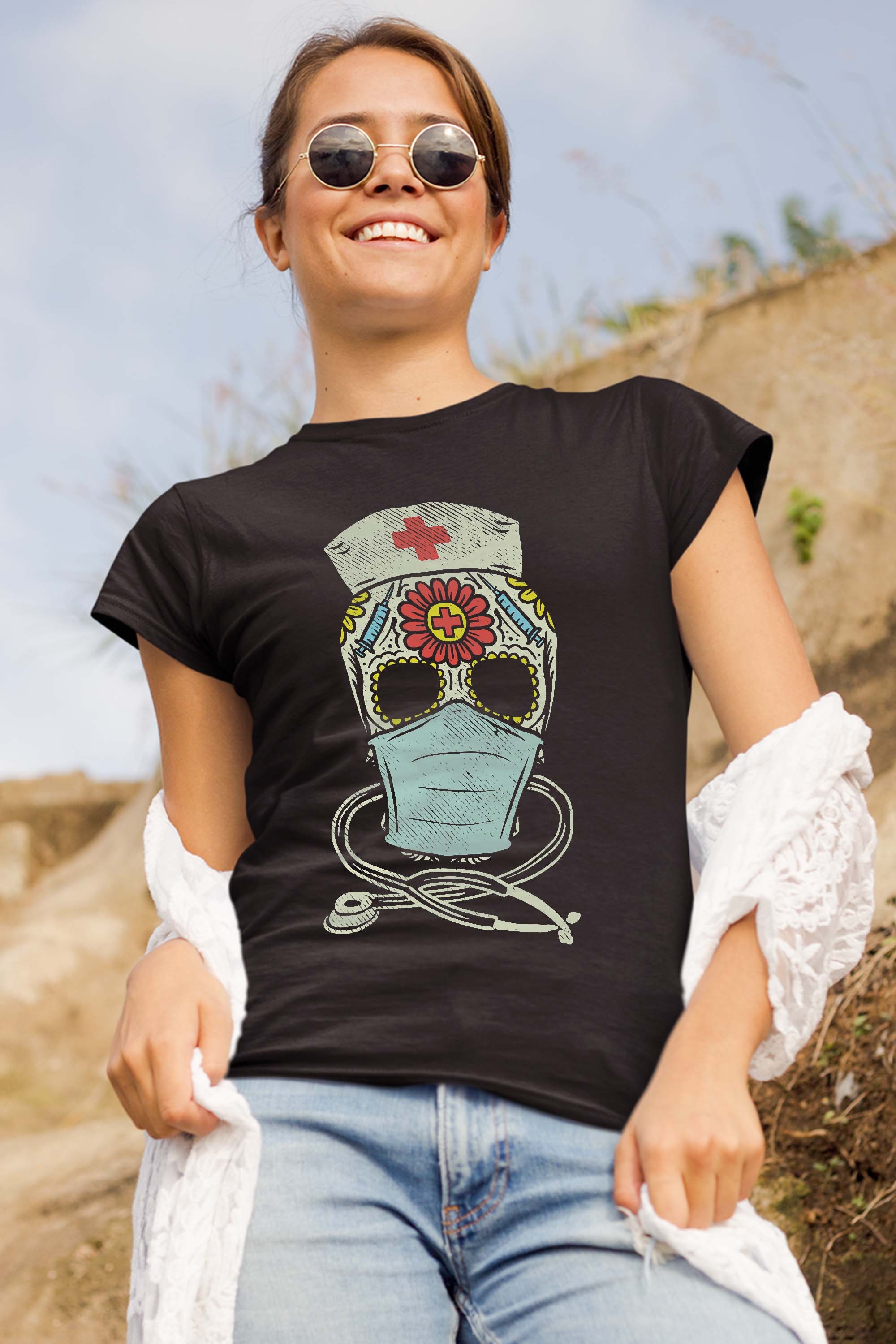 Sugar Skull Nurse Face Mask Mexican Halloween Los Muertos RN T-Shirt