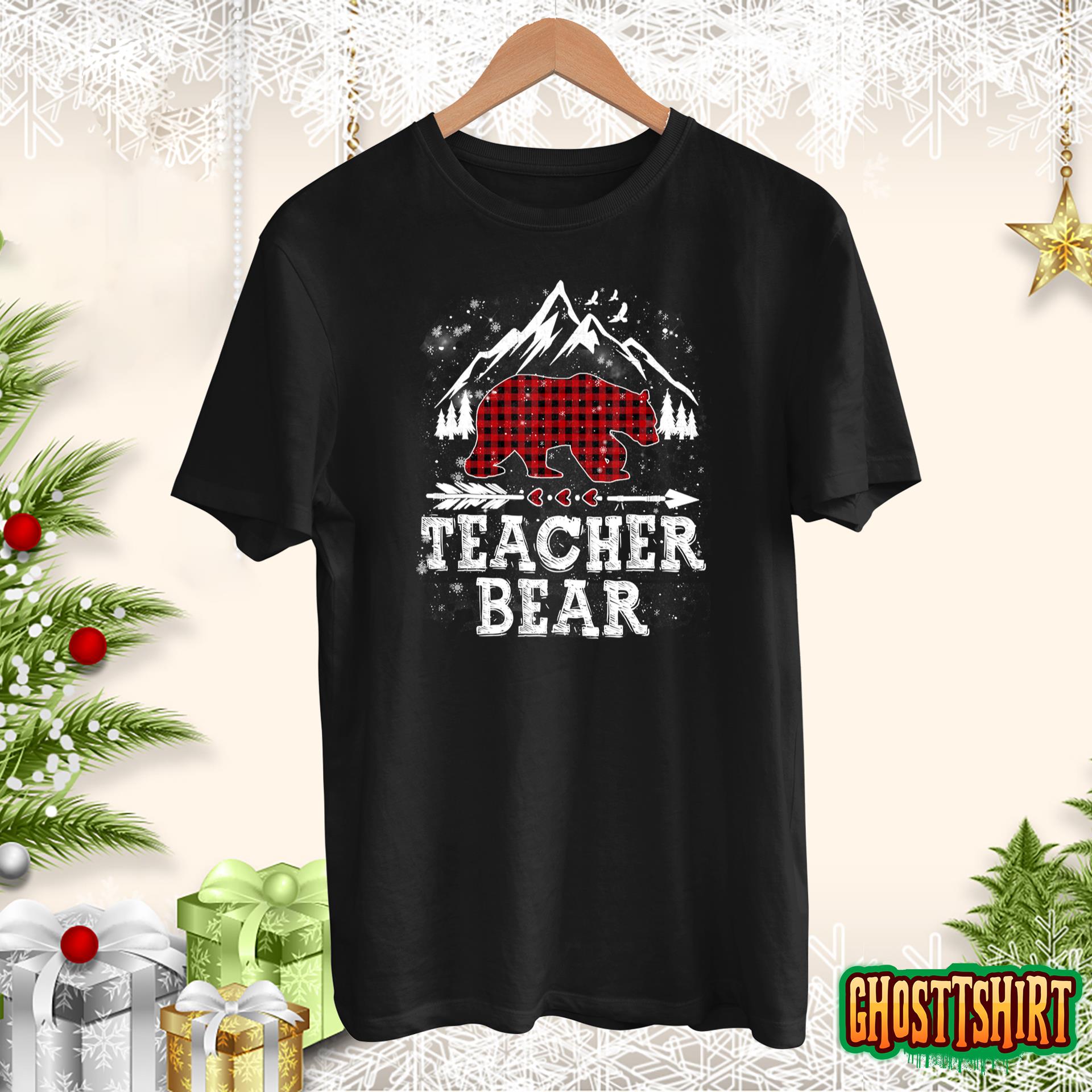 Teacher Bear Merry Christmas Pajama Red Plaid Buffalo Family Sweatshirt