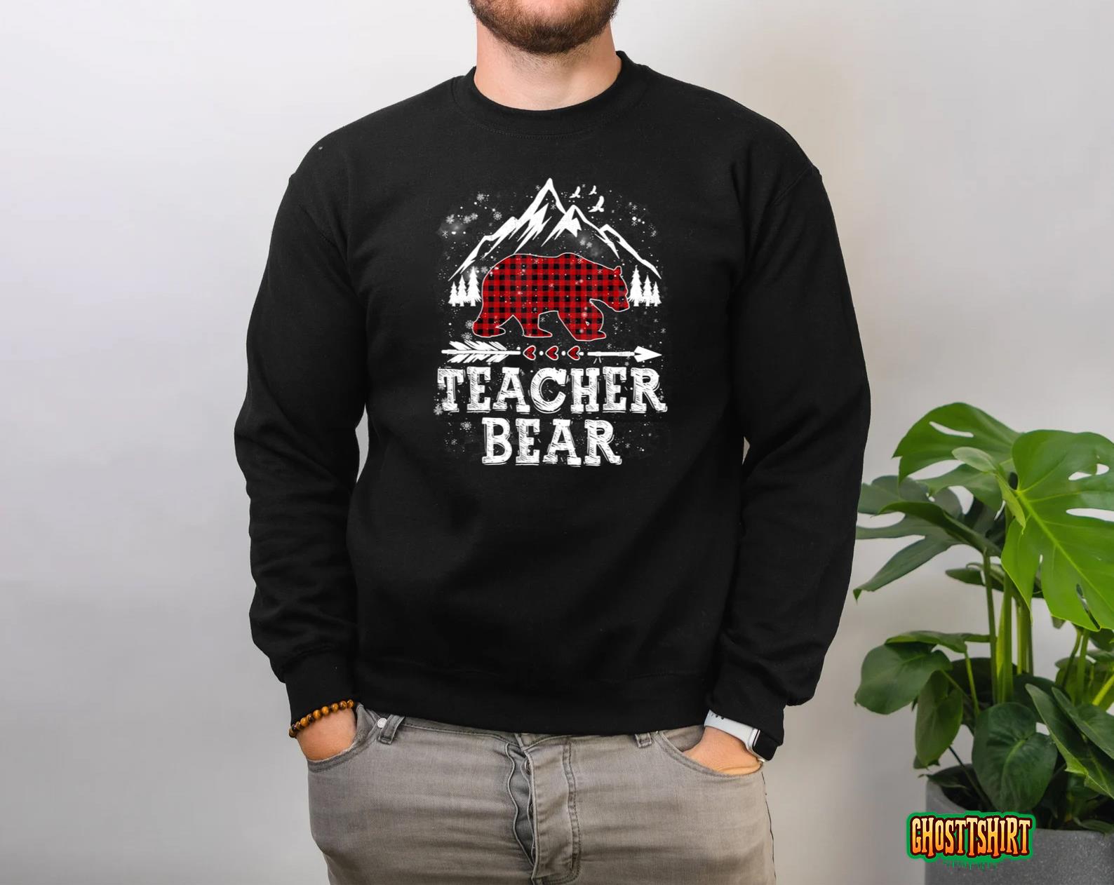 Teacher Bear Merry Christmas Pajama Red Plaid Buffalo Family Sweatshirt