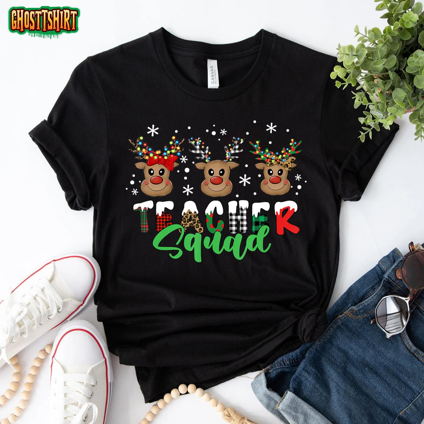 Teacher Squad Christmas Reindeer Xmas Santa Women Men T-Shirt