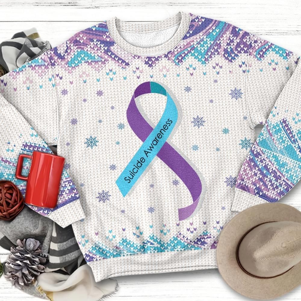 Teal And Purple Ribbon Suicide Prevention Awareness Ugly Christmas Sweater | For Men & Women | Adult | US3204- Best Christmas Gifts 2023