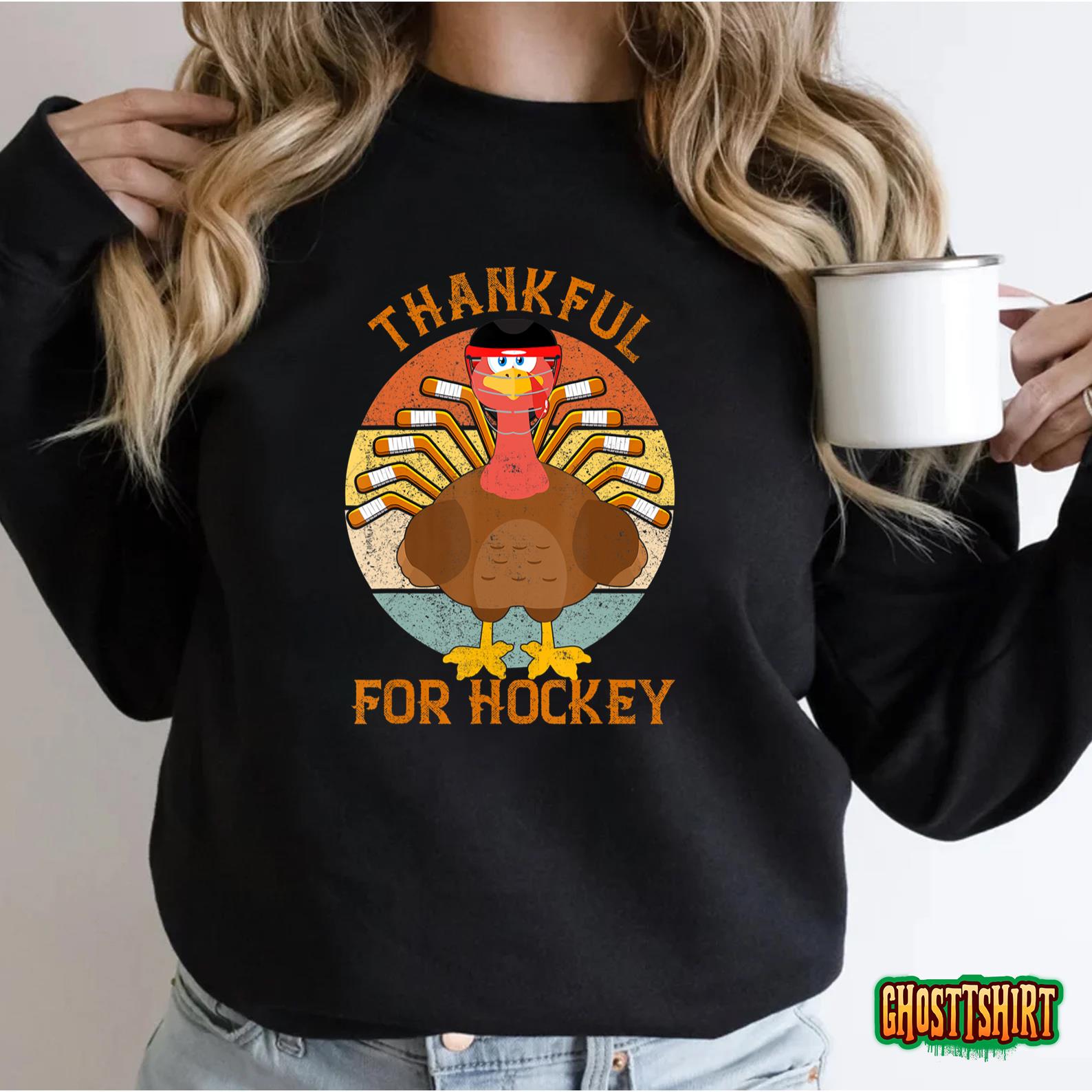 Thankful For Hockey Thanksgiving Funny Turkey Ice Hockey T-Shirt