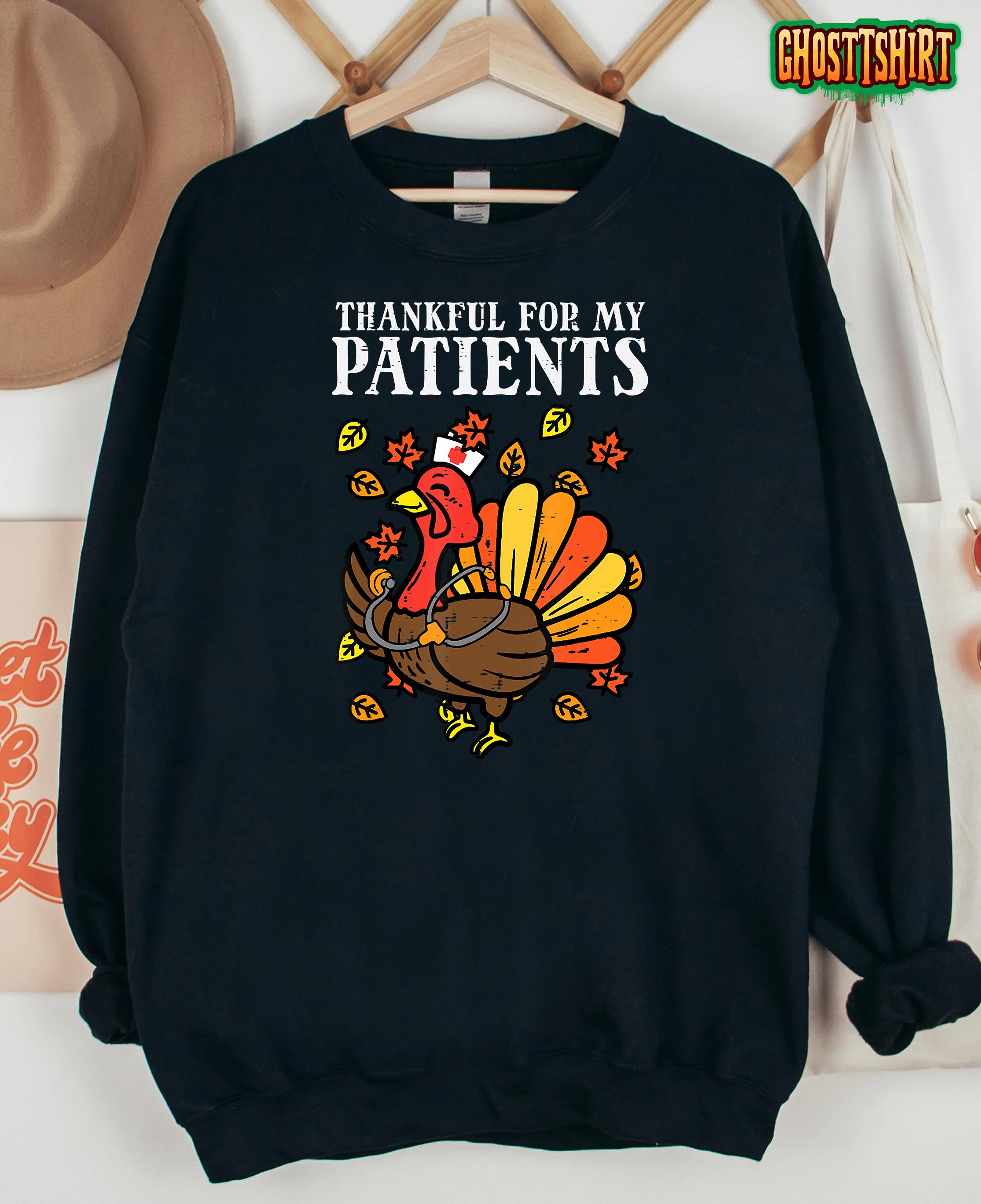 Thankful For Patients Turkey Nurse Thanksgiving Fall Scrub T-Shirt