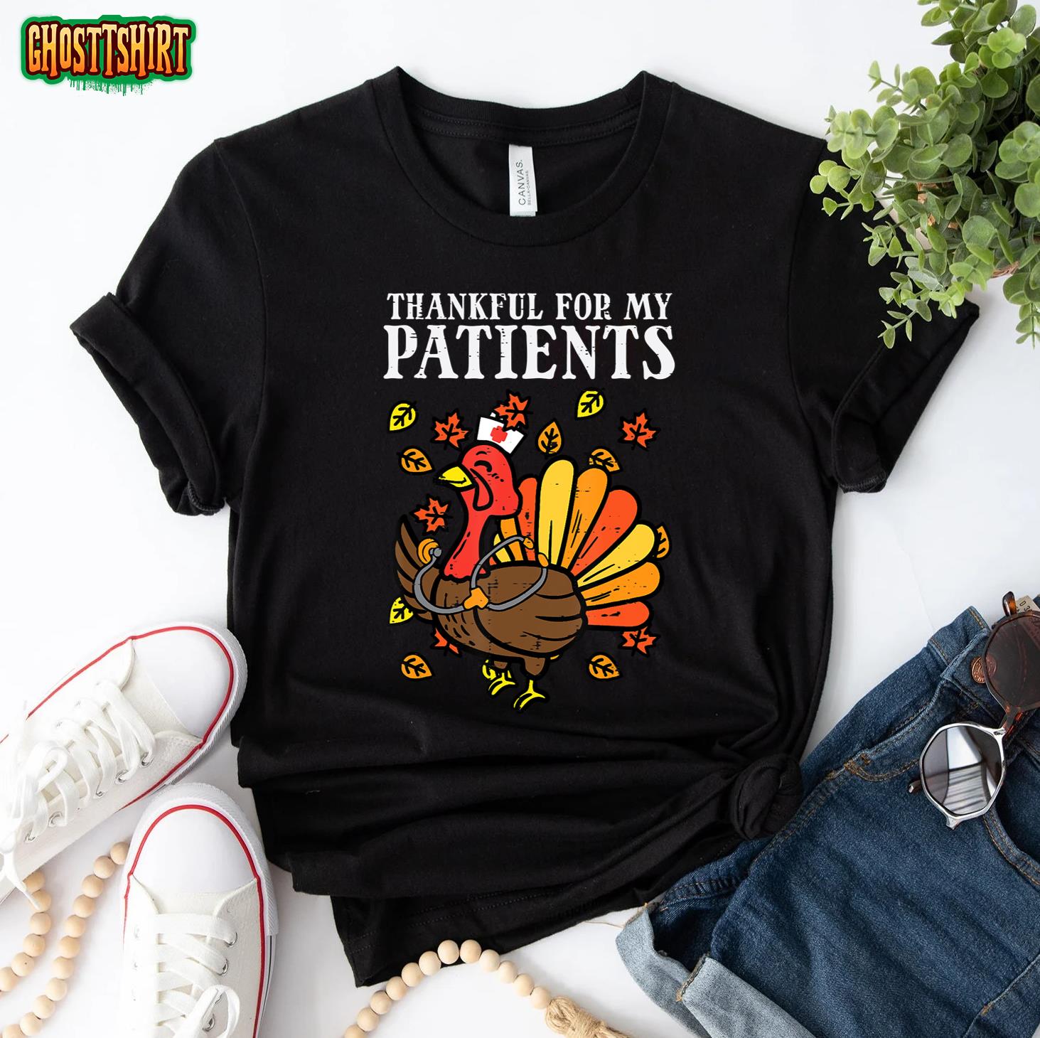 Thankful For Patients Turkey Nurse Thanksgiving Fall Scrub T-Shirt