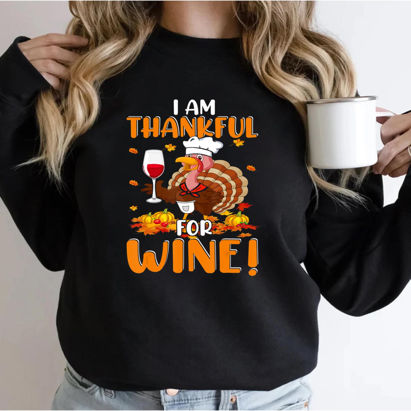 Thankful For Wine Turkey Chef Wine Drinking Thanksgiving T-Shirt