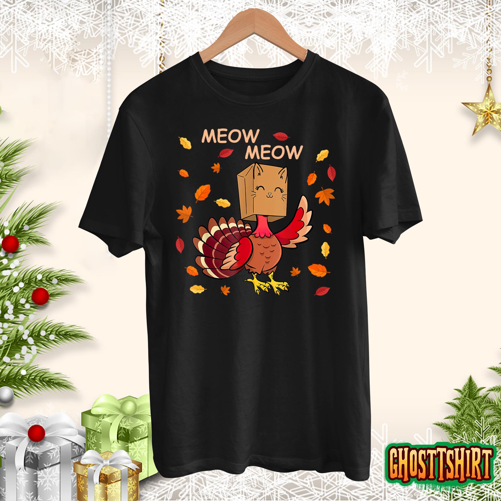 Thanksgiving Cat Fake Cat Meow Funny Thanksgiving Turkey T-Shirt