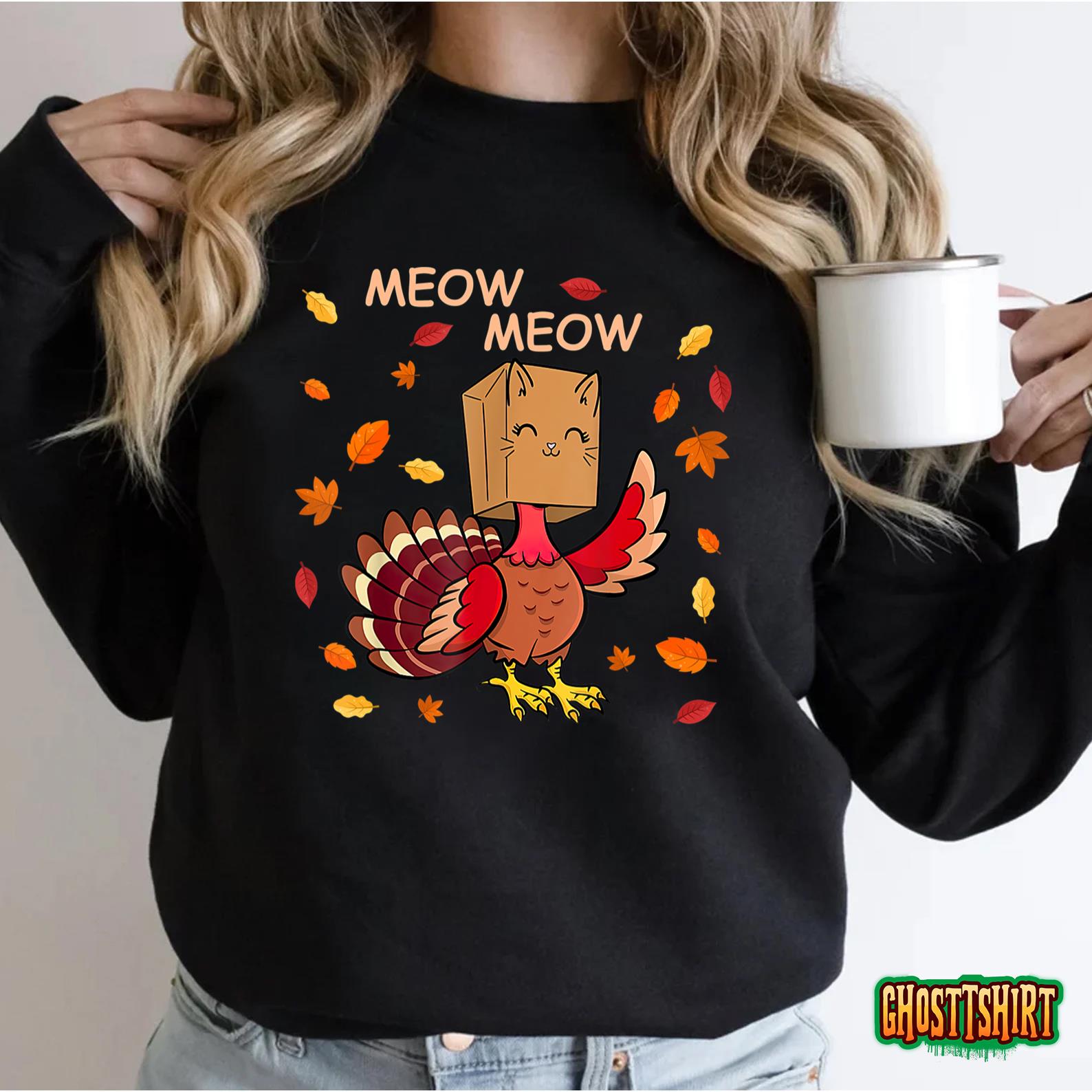 Thanksgiving Cat Fake Cat Meow Funny Thanksgiving Turkey T-Shirt