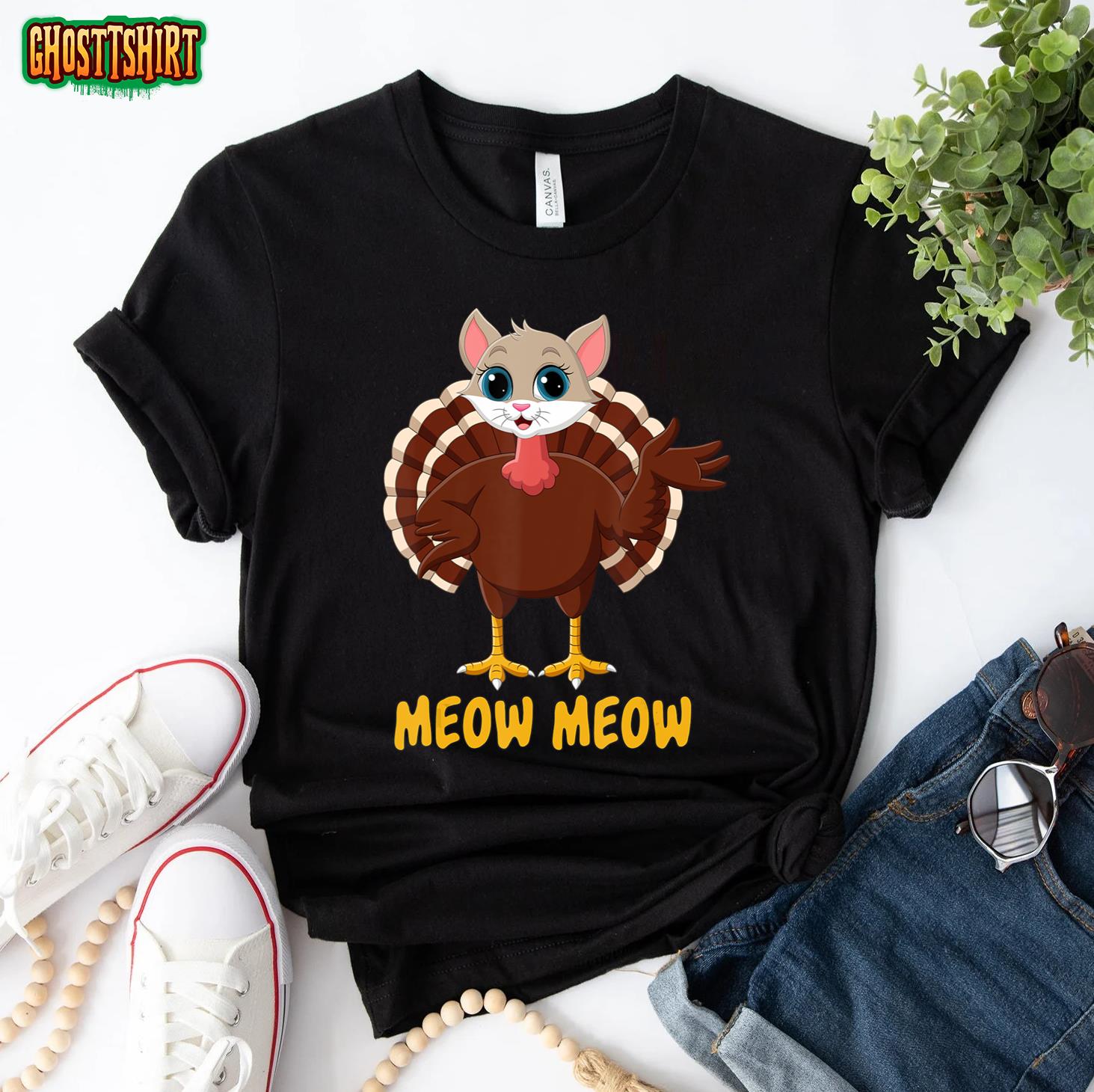 Thanksgiving Cat Funny Fake Cat Meow Thanksgiving Turkey T-Shirt