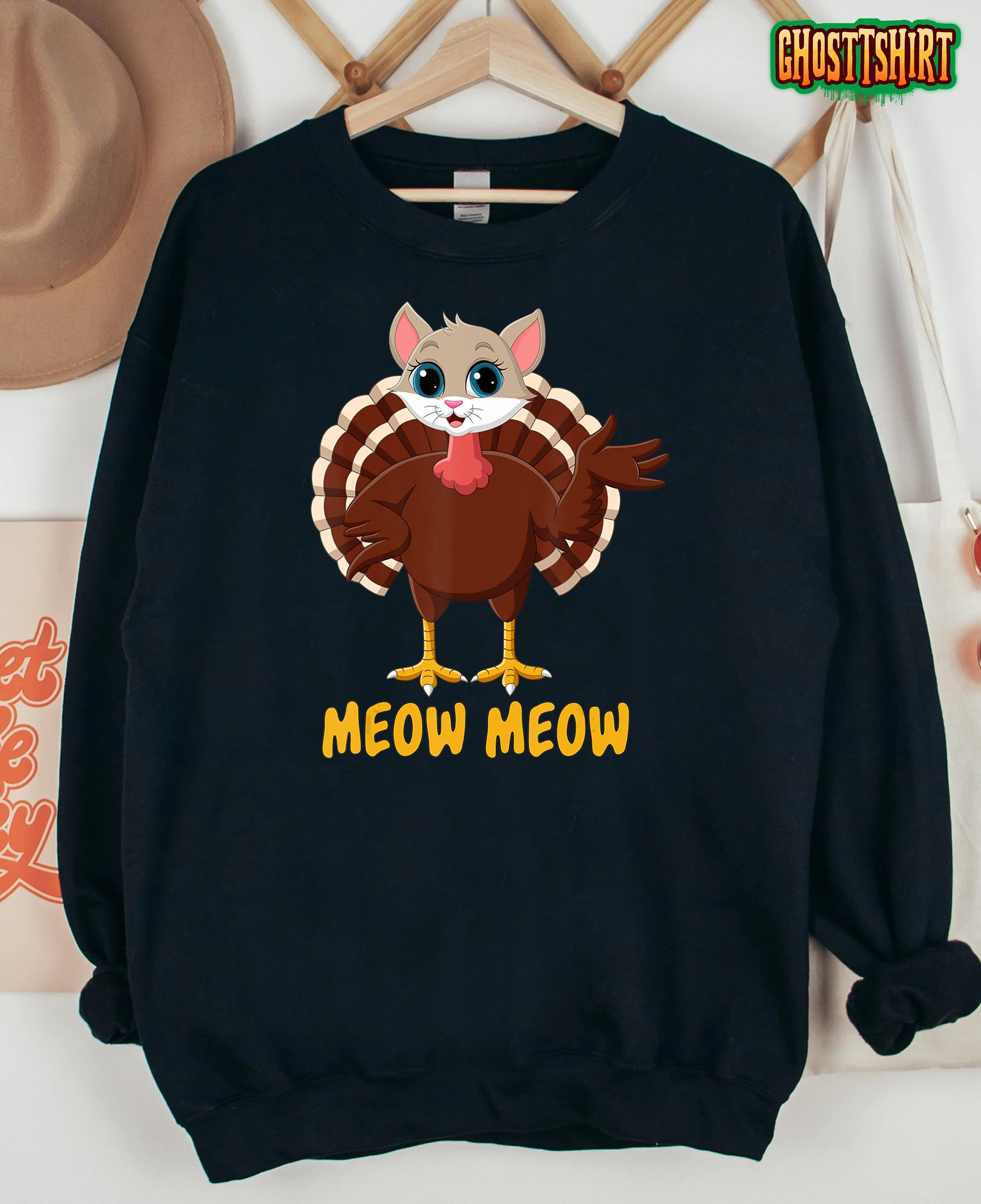 Thanksgiving Cat Funny Fake Cat Meow Thanksgiving Turkey T-Shirt