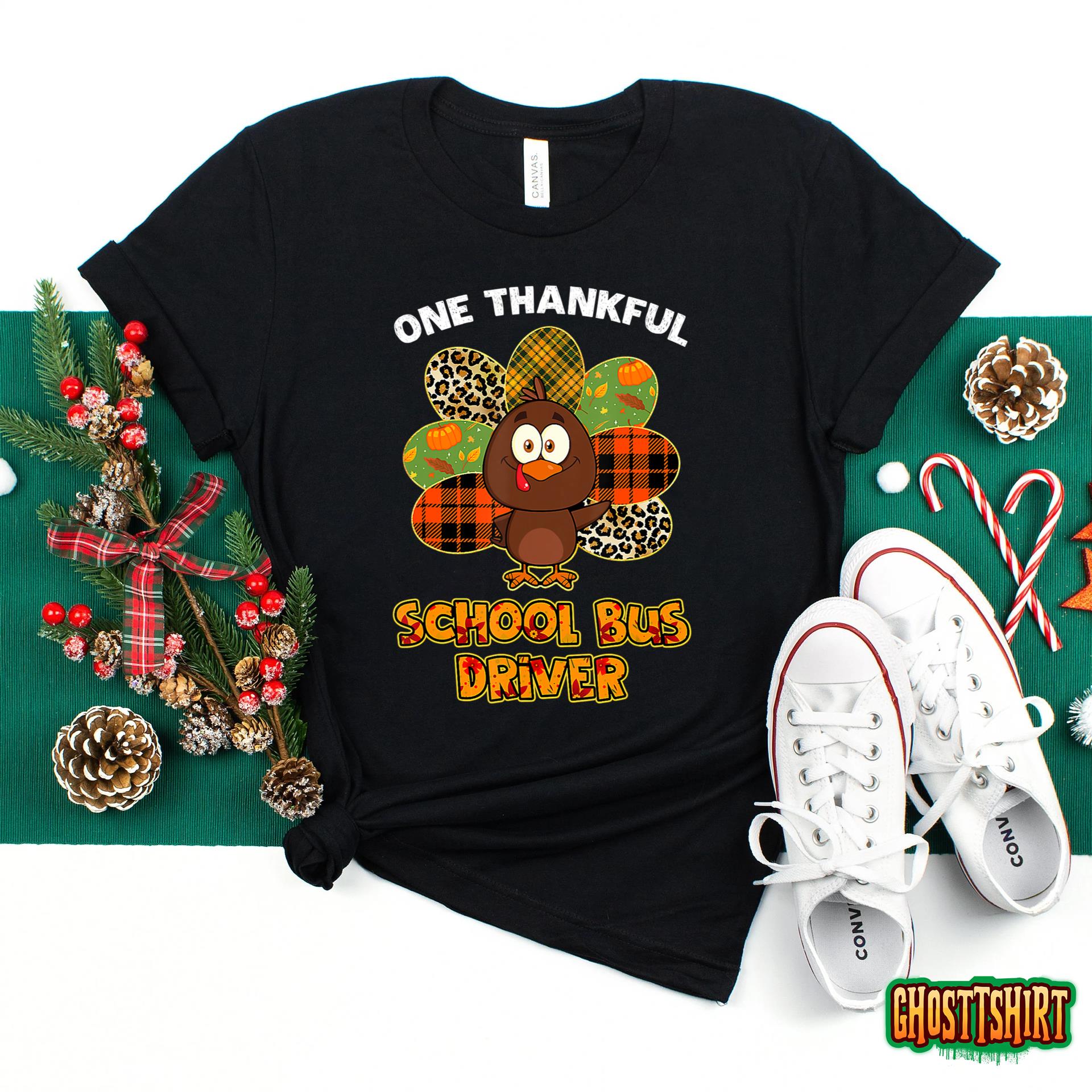 Thanksgiving Day One Thankful School Bus Driver Cute Turkey T-Shirt