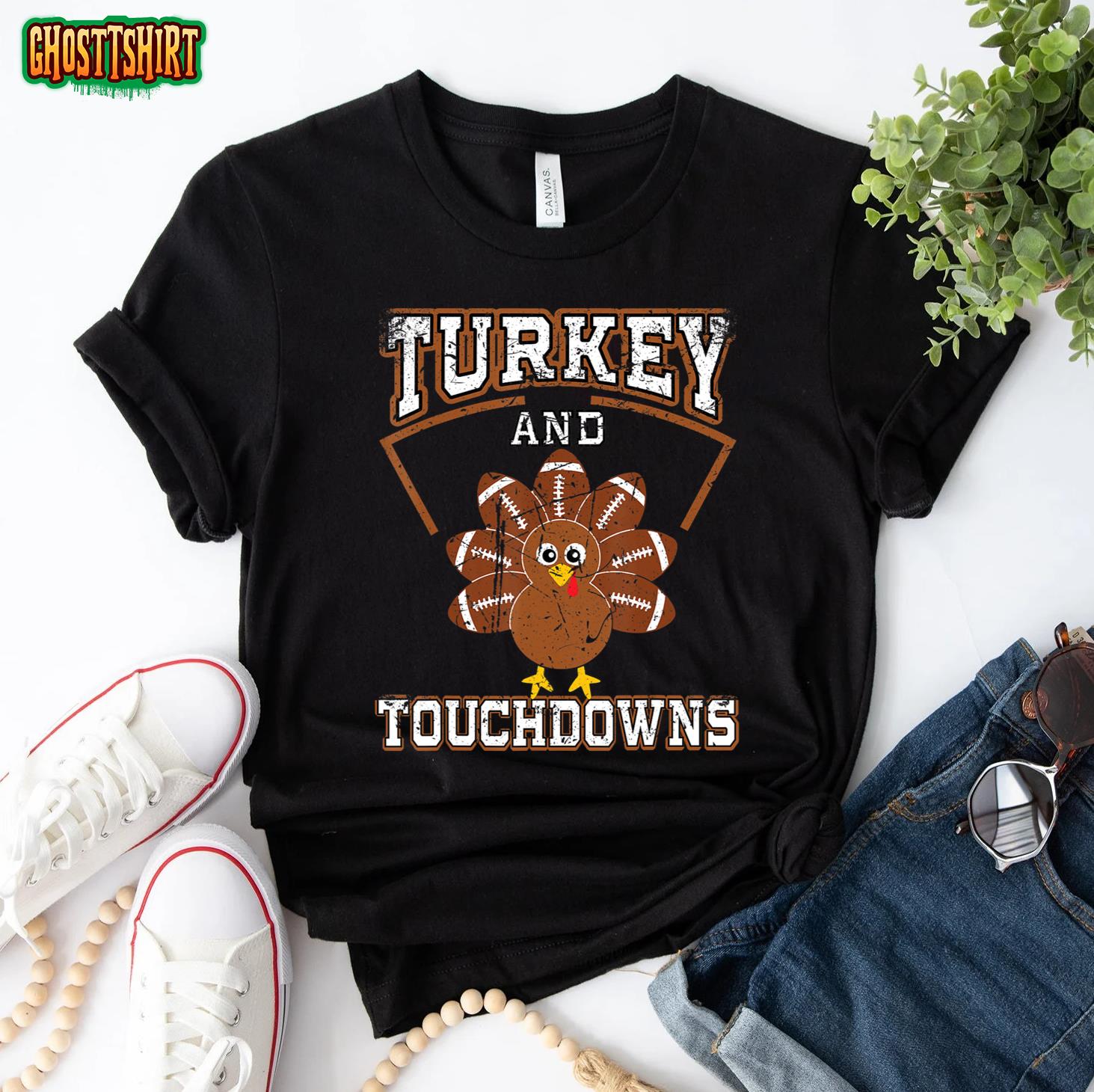 Thanksgiving Turkey And Touchdowns Football Men Kids Women T-Shirt