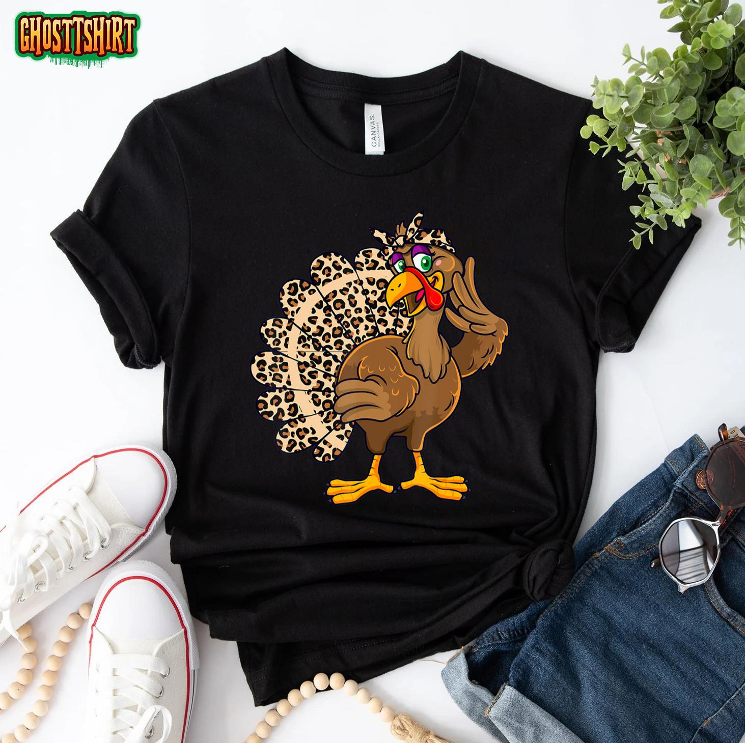 Thanksgiving Turkey Women Girl Leopard Print Autumn Fall T-Shirt