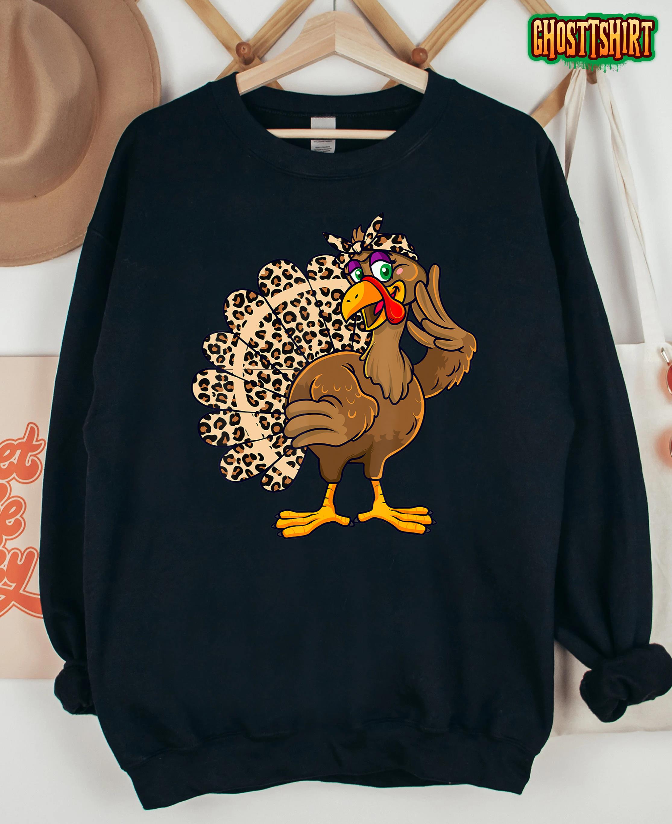 Thanksgiving Turkey Women Girl Leopard Print Autumn Fall T-Shirt