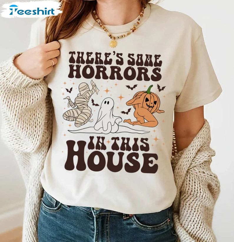 There’s Some Horrors In This House Shirt, Halloween Pumpkin Short Sleeve Unisex T-shirt