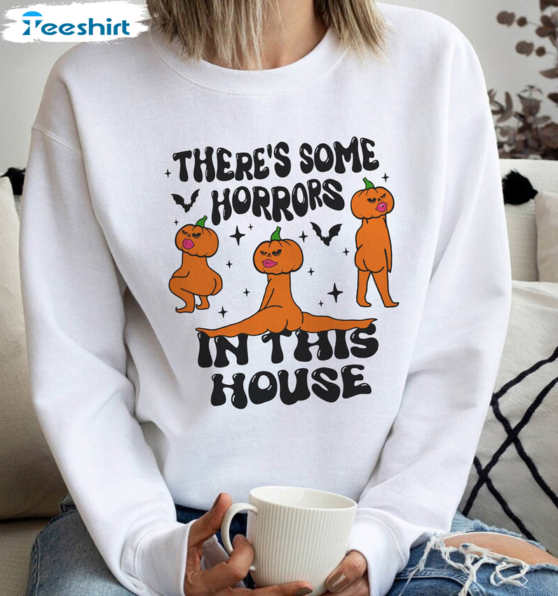 There’s Some Horrors In This House Shirt, Retro Halloween Pumpkin Short Sleeve Tee Tops