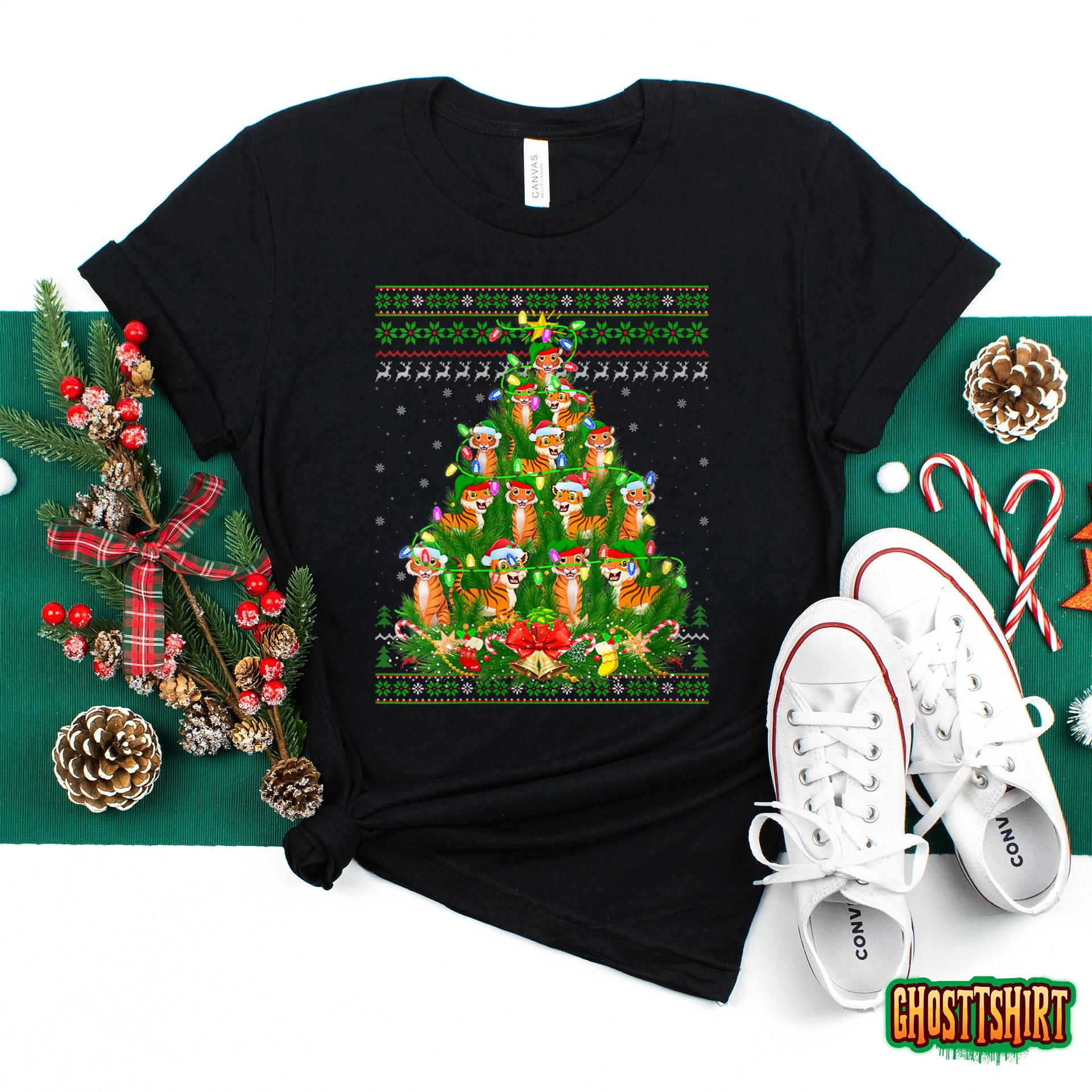 Tiger Lover Xmas Lights Ugly Tiger Christmas Tree T-Shirt