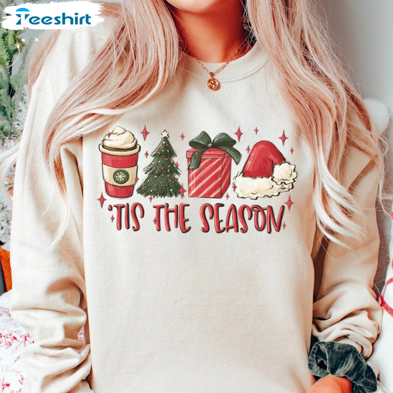 Tis The Season Christmas Shirt – Coffee Santa Christmas Tree Tee Tops Crewneck