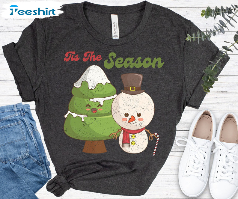 Tis The Season Vintage Shirt, Christmas Snowman Tree Hoodie Short Sleeve