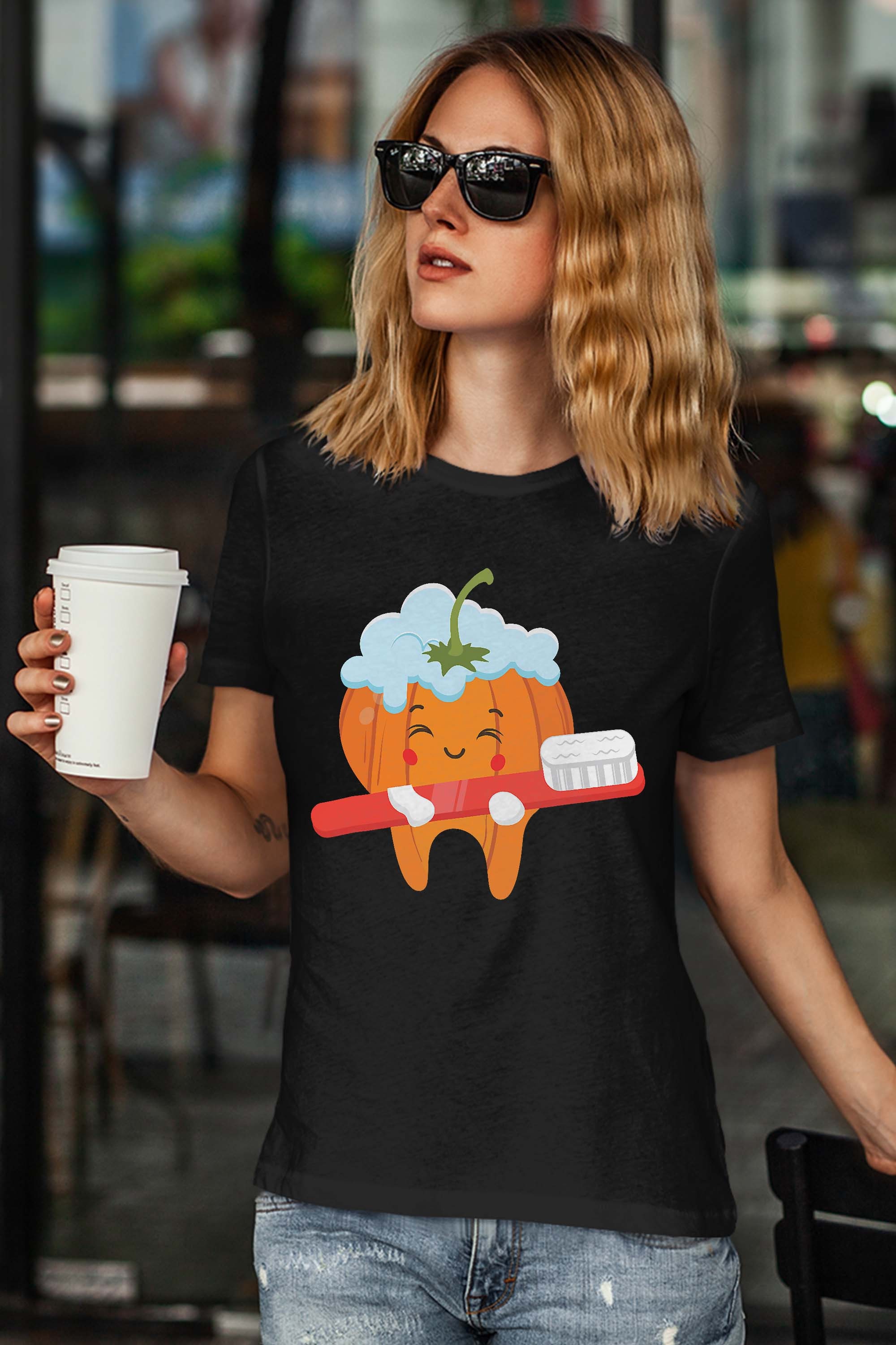 Tooth-brush Pumpkin Lazy DIY Halloween Costume Funny Dental T-Shirt