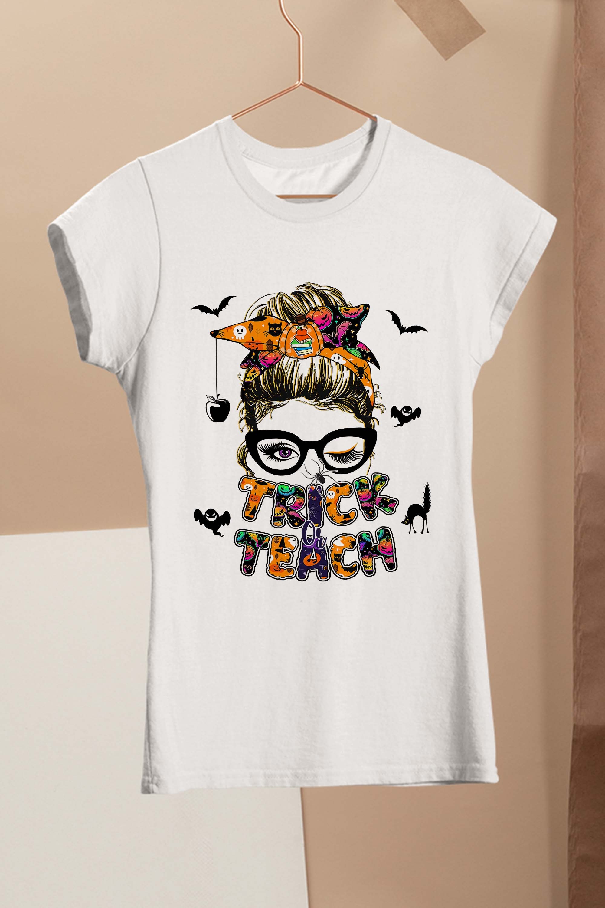 Trick or Teach One Spooky Teacher Messy Bun Halloween T-Shirt