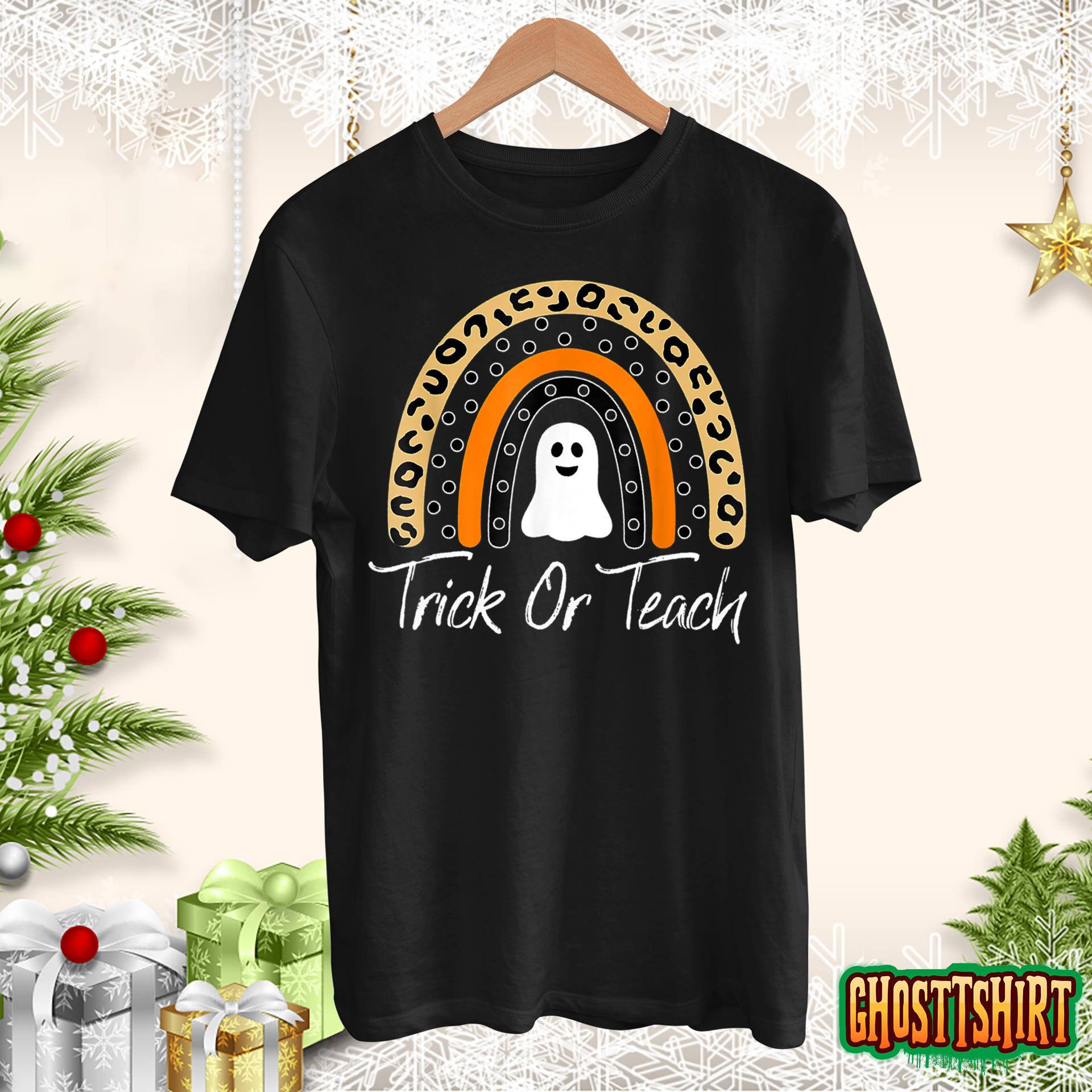 Trick Or Teach Rainbow Leopard Ghost Teacher Halloween T-Shirt