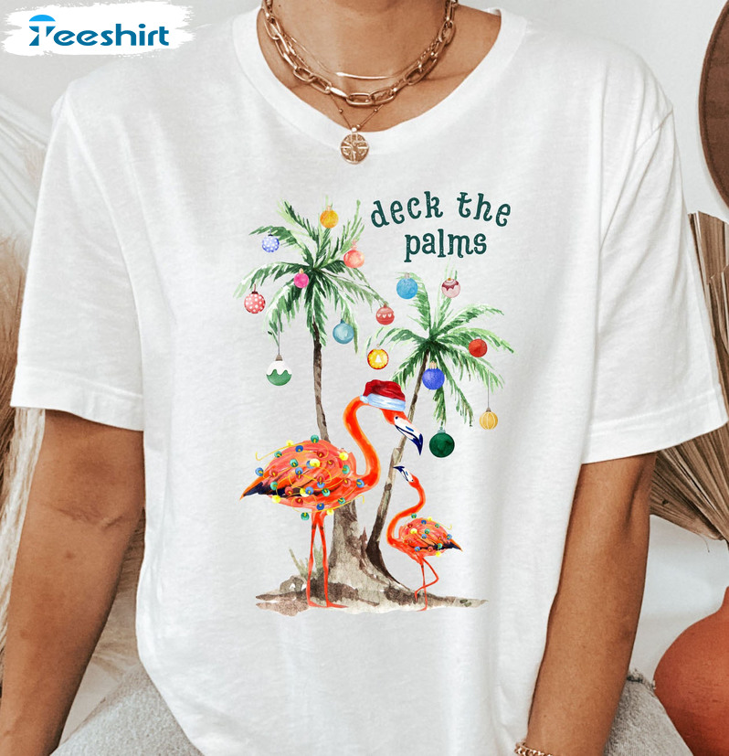 Tropical Deck The Palms Shirt, Holiday Flamingo Christmas Family Sweatshirt Hoodie Long Sleeve