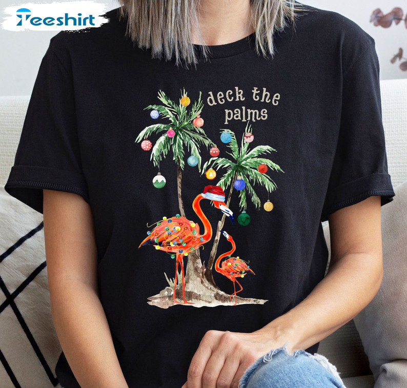 Tropical Deck The Palms Shirt, Holiday Flamingo Christmas Family Sweatshirt Hoodie Long Sleeve