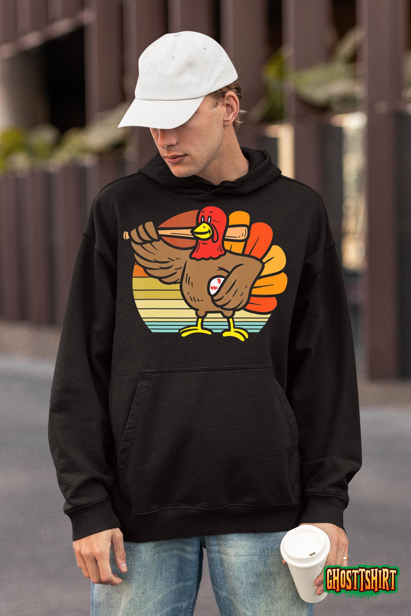 Turkey Baseball Retro Thanksgiving Sports Men Boys Kids Hoodie