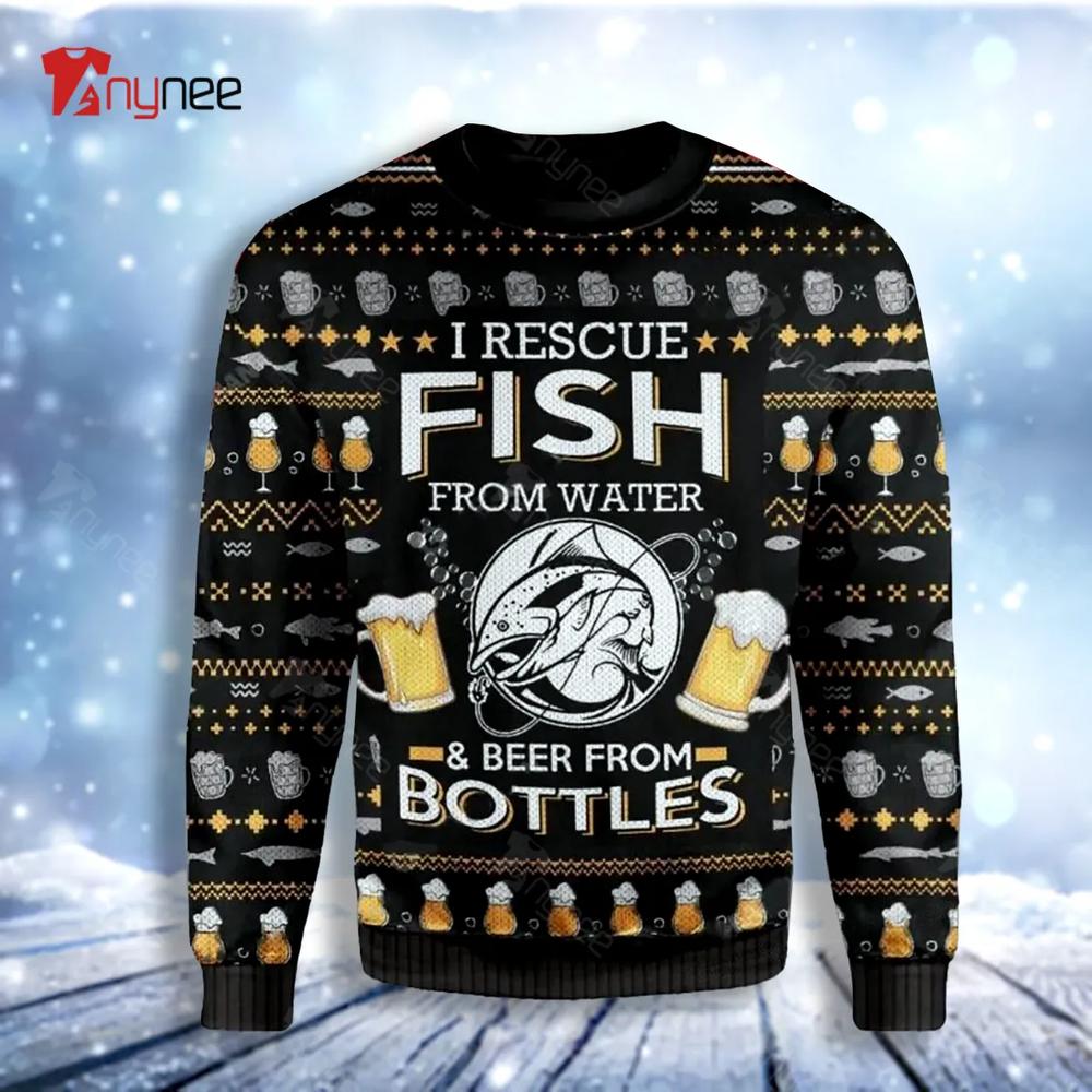 Ugly Rescue Fish From Water And Beer From Bottles Ugly Christmas Sweater- Best Christmas Gifts 2023