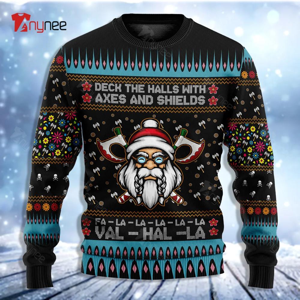 Viking Deck The Halls With Axes And Shields Ugly Christmas Sweater- Best Christmas Gifts 2023