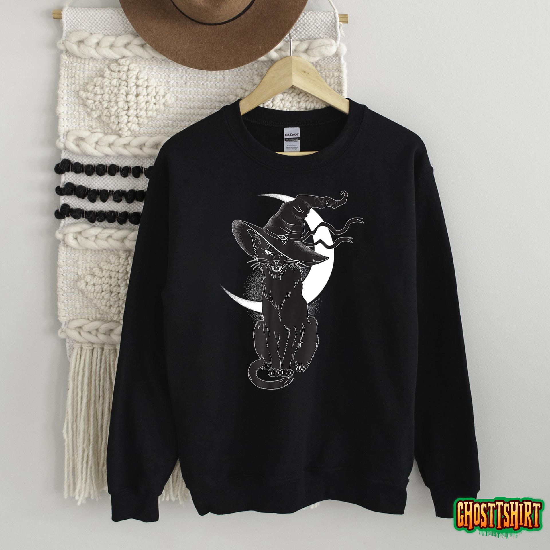 Vintage Scary Halloween Black Cat Costume Witch Hat Moon Sweatshirt